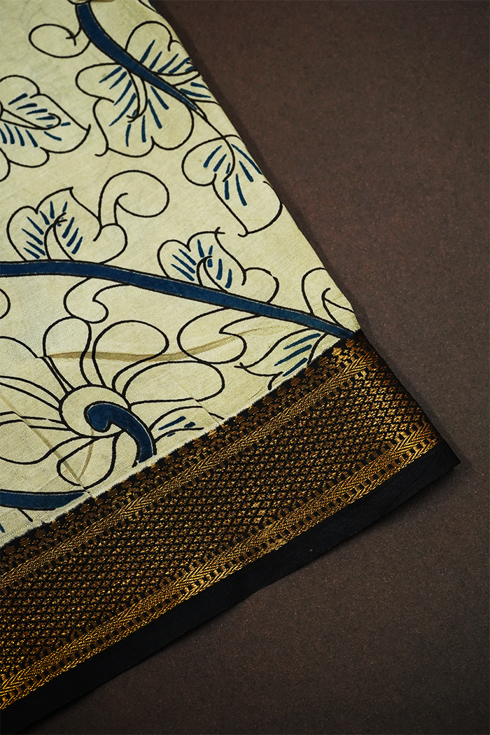 BLUE  WITH BLACK AND GOLDEN BORDER MANGALGIRI SAREE - Queens Jewel Emporium