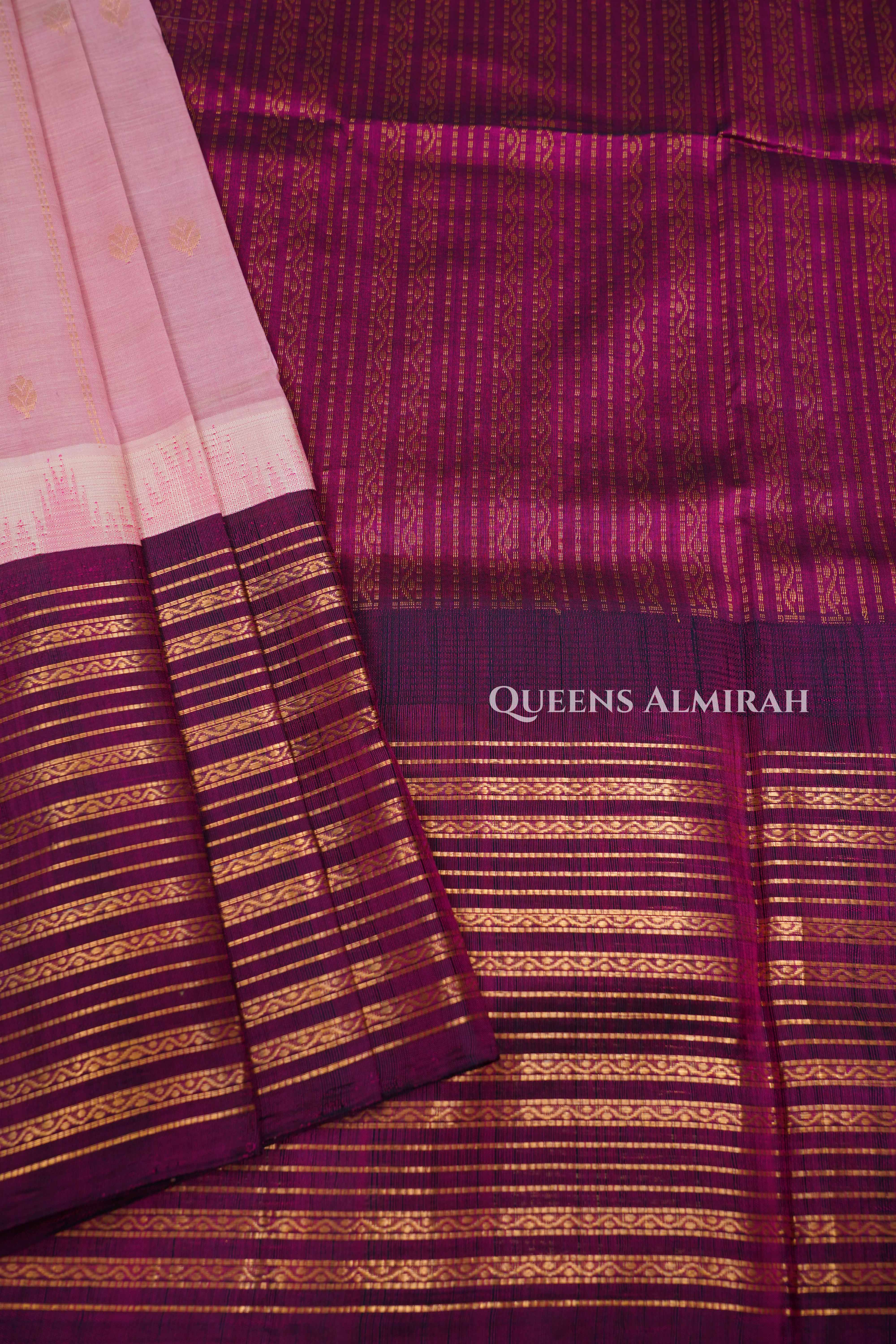 Lotus Pink With Purple Long Border Pure Kanchi Silk Cotton Saree