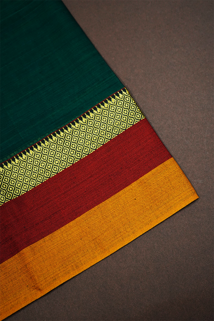 DARK GREEN WITH MULTI COLOR BORDER NARAYANPET COTTON SAREE - Queens Jewel Emporium