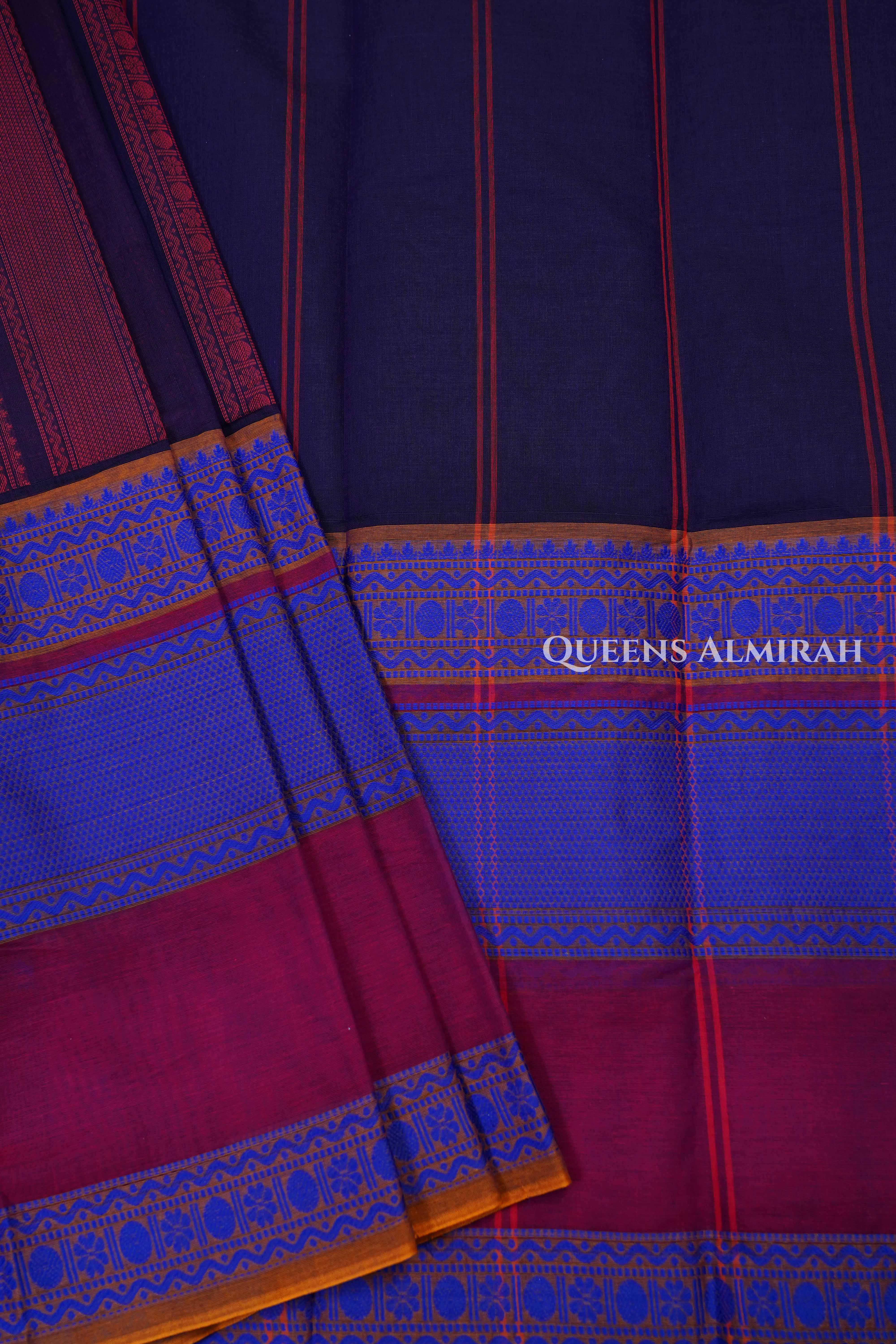 Wine With Ink Blue Chettinad Cotton Saree
