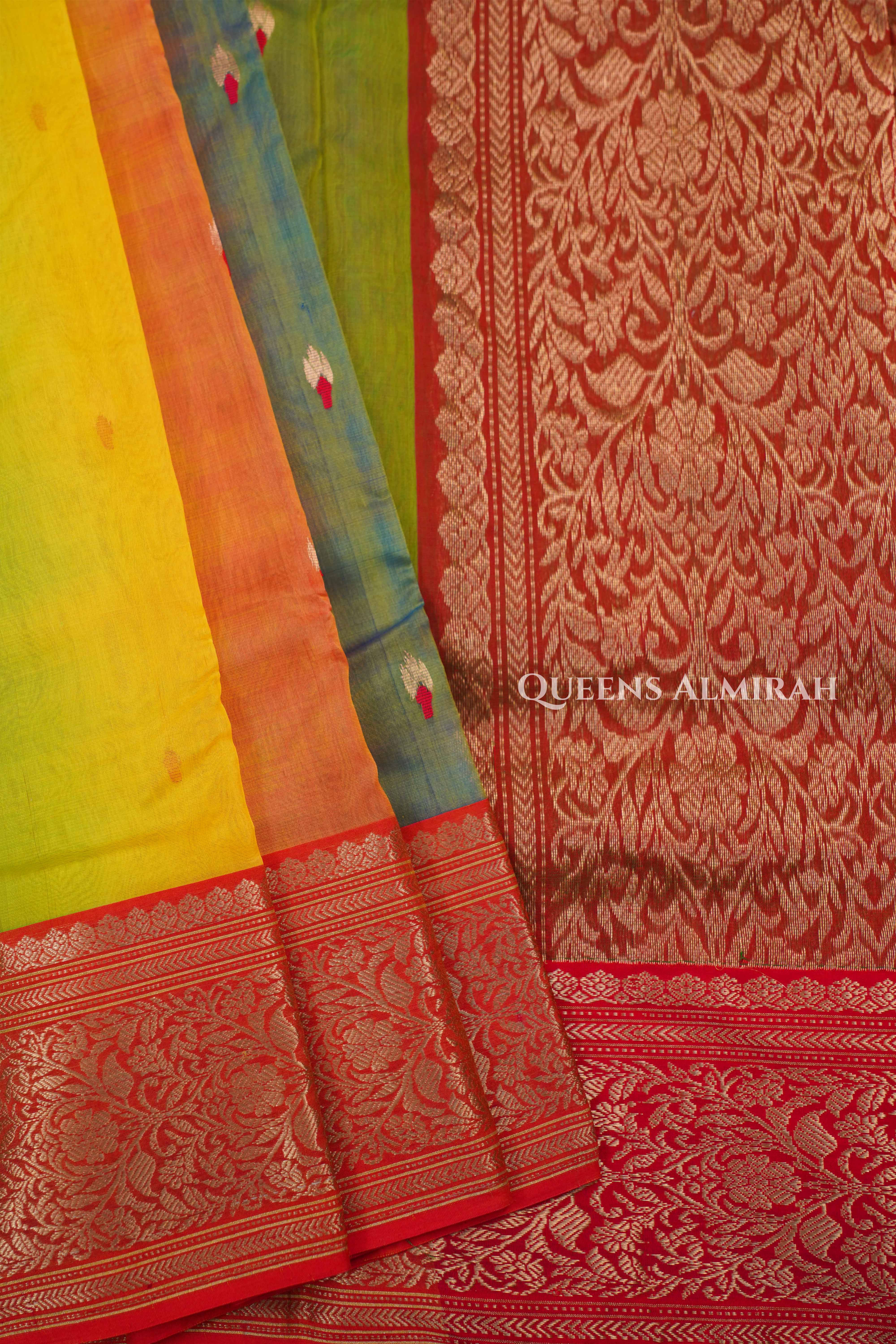 Shade Of Macaw Parrot -Chanderi Katan Silk Handloom Saree 1