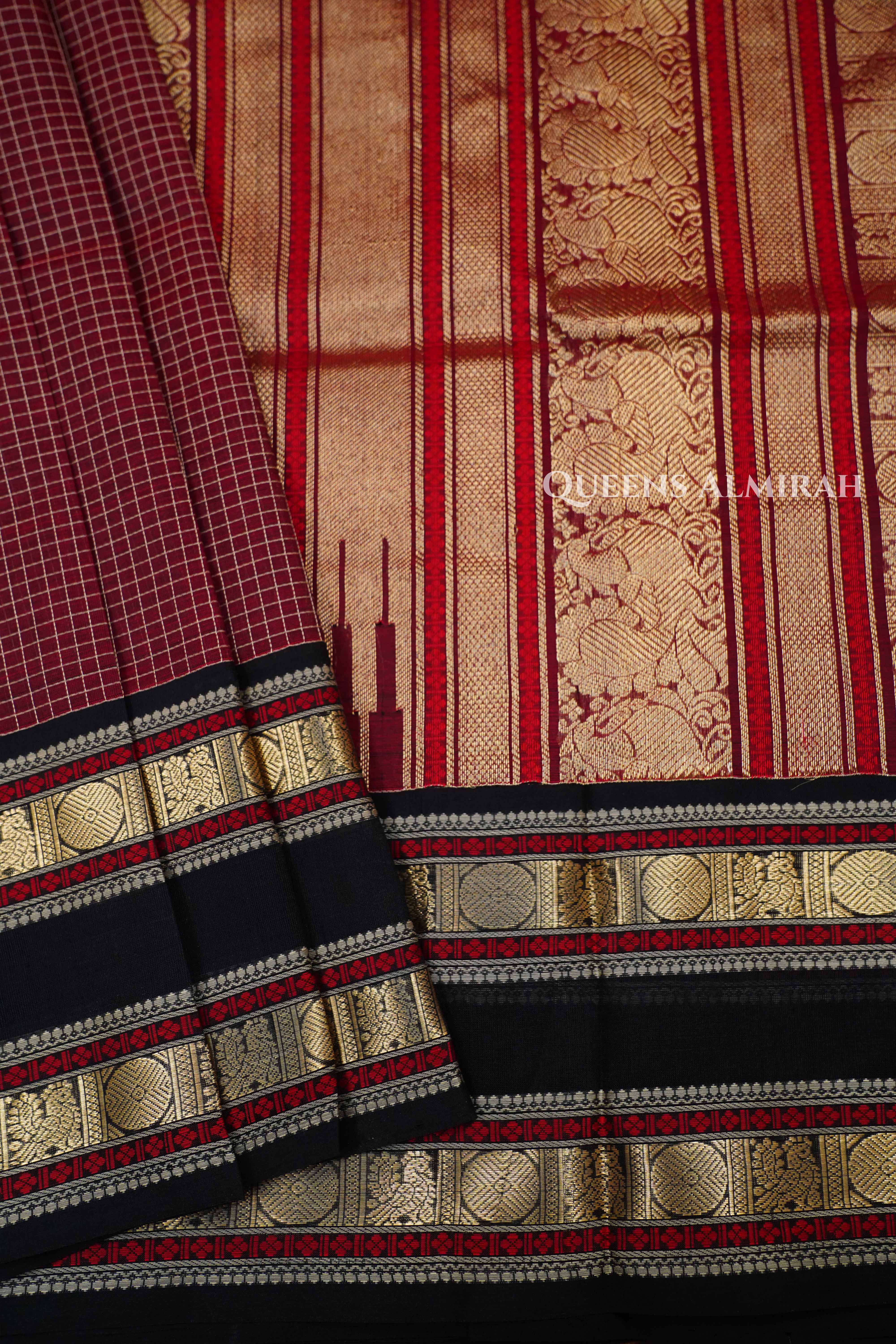 Maroon With Black -Karaikudi Chettinad Silk Cotton Saree