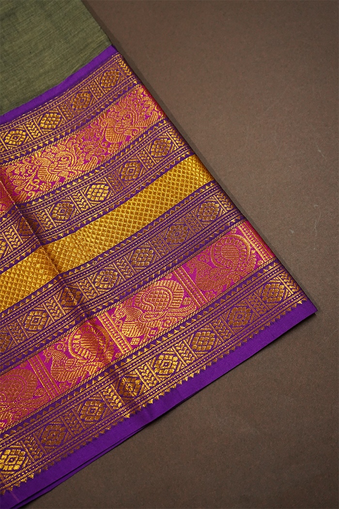 GREY WITH LONG MULTI COLOUR ZARI BORDER NARAYANPET COTTON SAREE - Queens Jewel Emporium