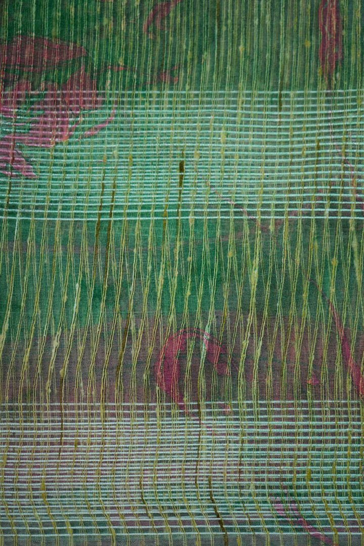 DUSTY GREEN MARBLE PRINT GHICHA ORAGANZA SAREE - Queens Jewel Emporium
