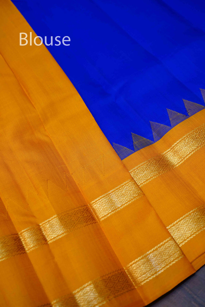 MS BLUE WITH MUSTARD YELLOW AND PINK PURE KANCHIVARAM SILK SAREE - Queens Jewel Emporium
