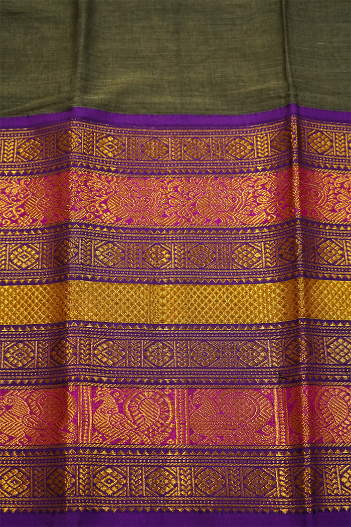 GREY WITH LONG MULTI COLOUR ZARI BORDER NARAYANPET COTTON SAREE - Queens Jewel Emporium