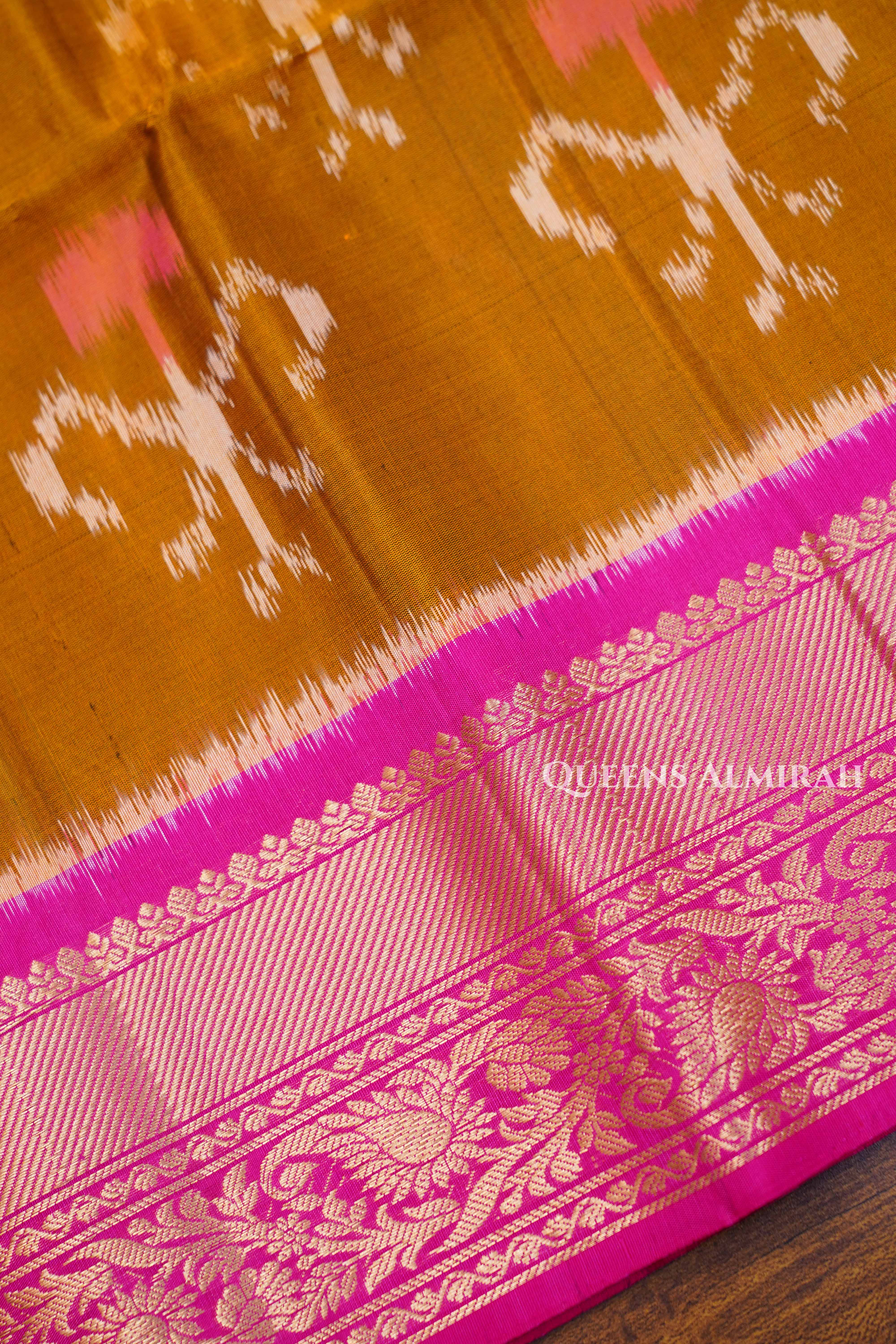 Mustard Yellow With Pink Pure Soft Silk Saree