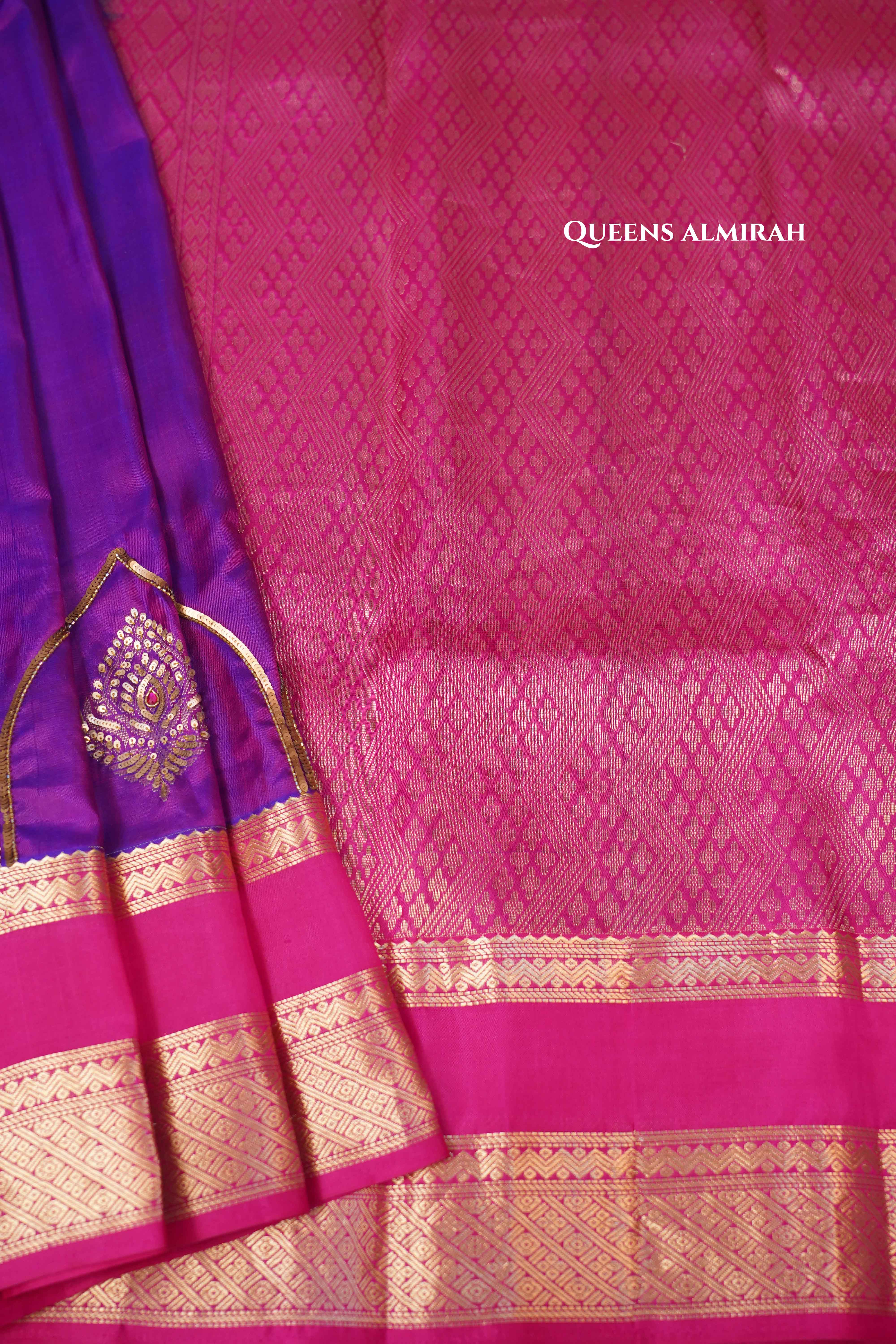Violet Blue With Hot Pink Pure Kanchivaram Silk Saree - Queens Jewel Emporium