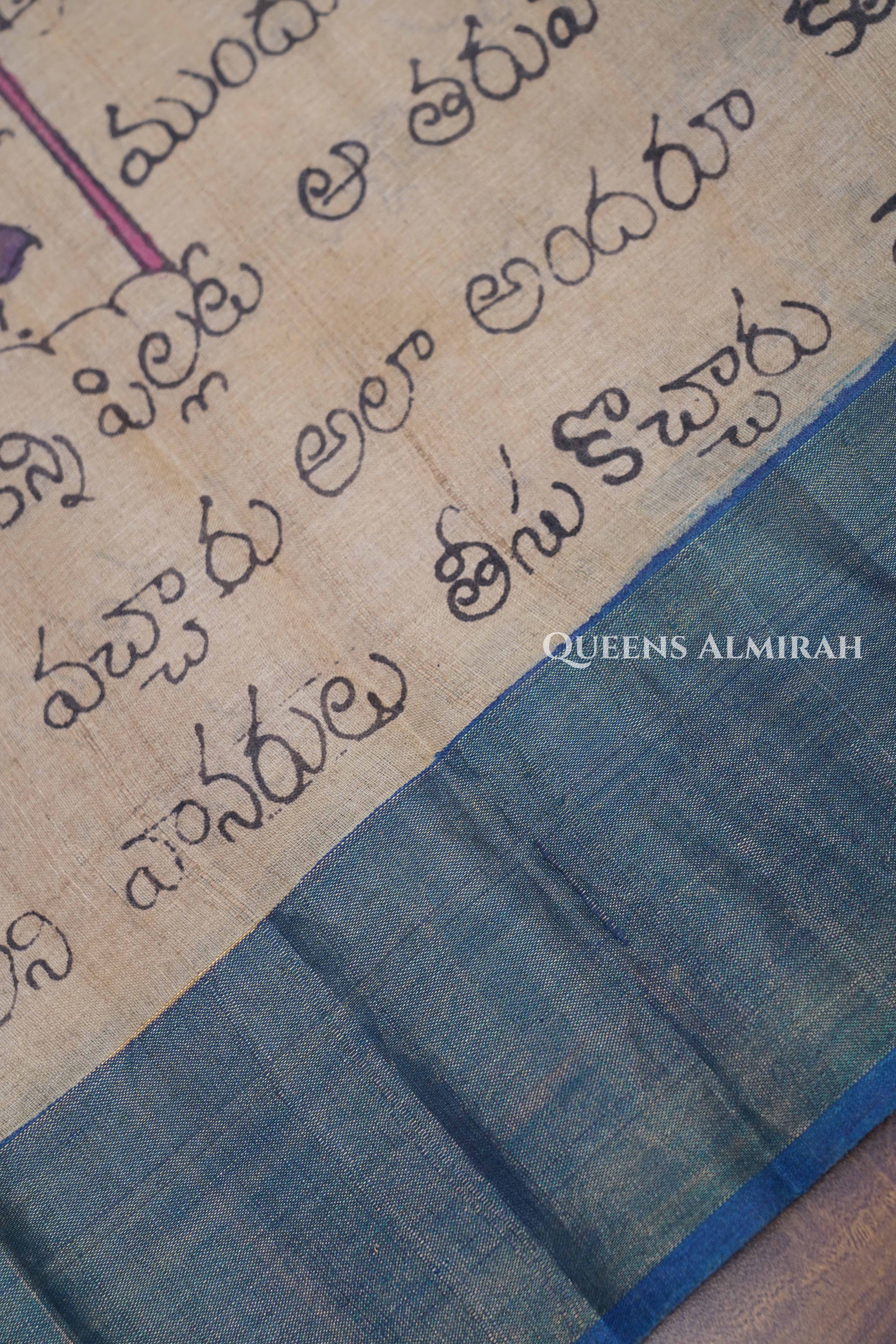 Pen Kalamkari Pure Tussar Silk Saree
