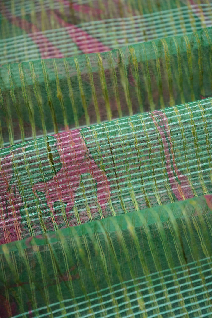 DUSTY GREEN MARBLE PRINT GHICHA ORAGANZA SAREE - Queens Jewel Emporium