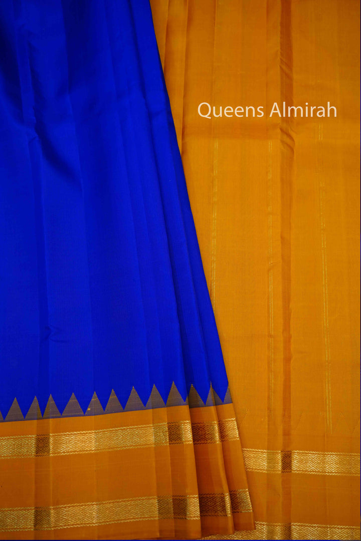 MS BLUE WITH MUSTARD YELLOW AND PINK PURE KANCHIVARAM SILK SAREE - Queens Jewel Emporium