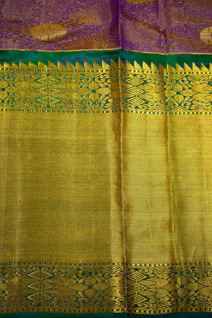 RICH PURPLE WITH RAMAR GREEN TISSUE KANCHI SILK SAREE - Queens Jewel Emporium