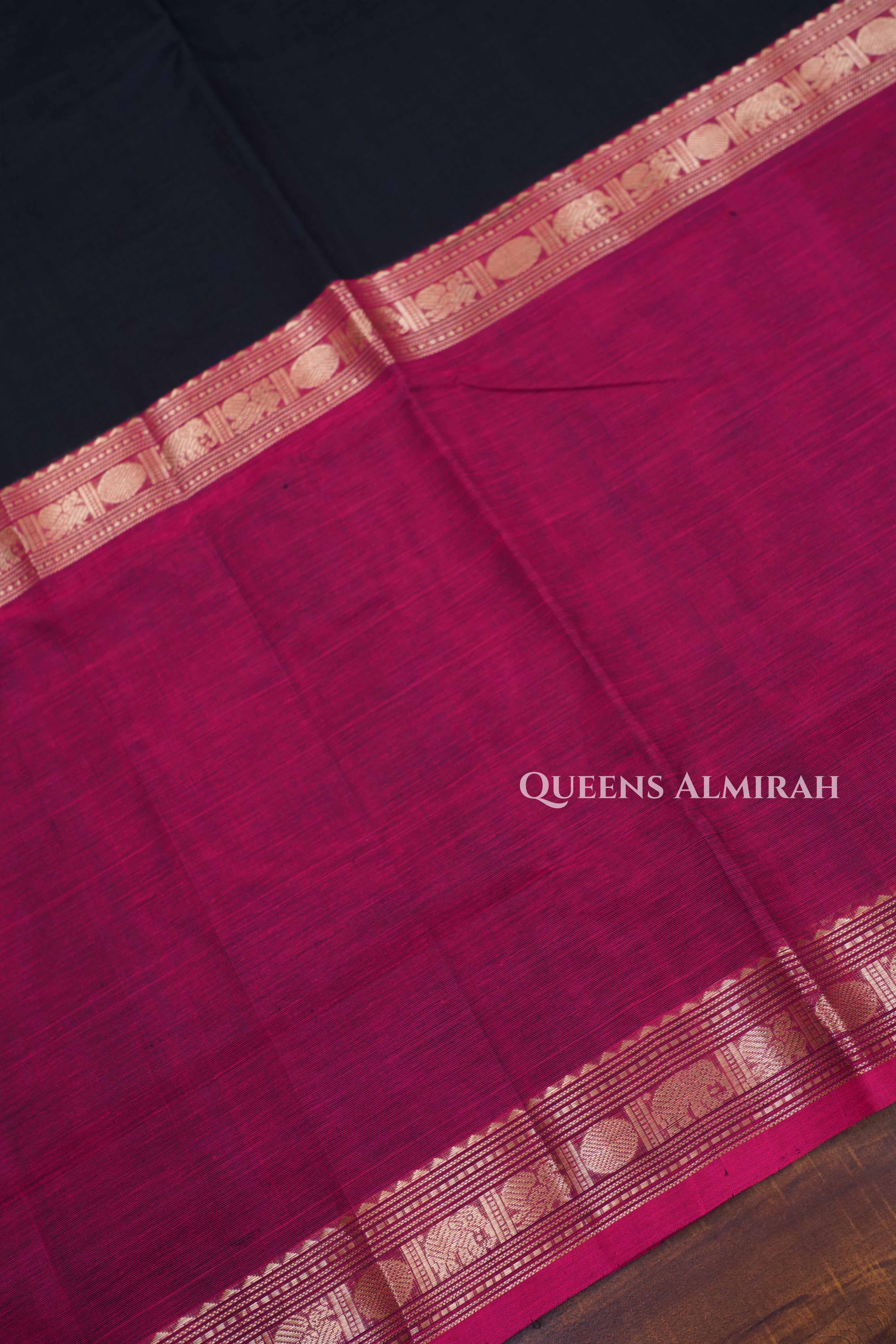 Burgundy With Black Karaikudi Chettinad Silk Cotton Saree