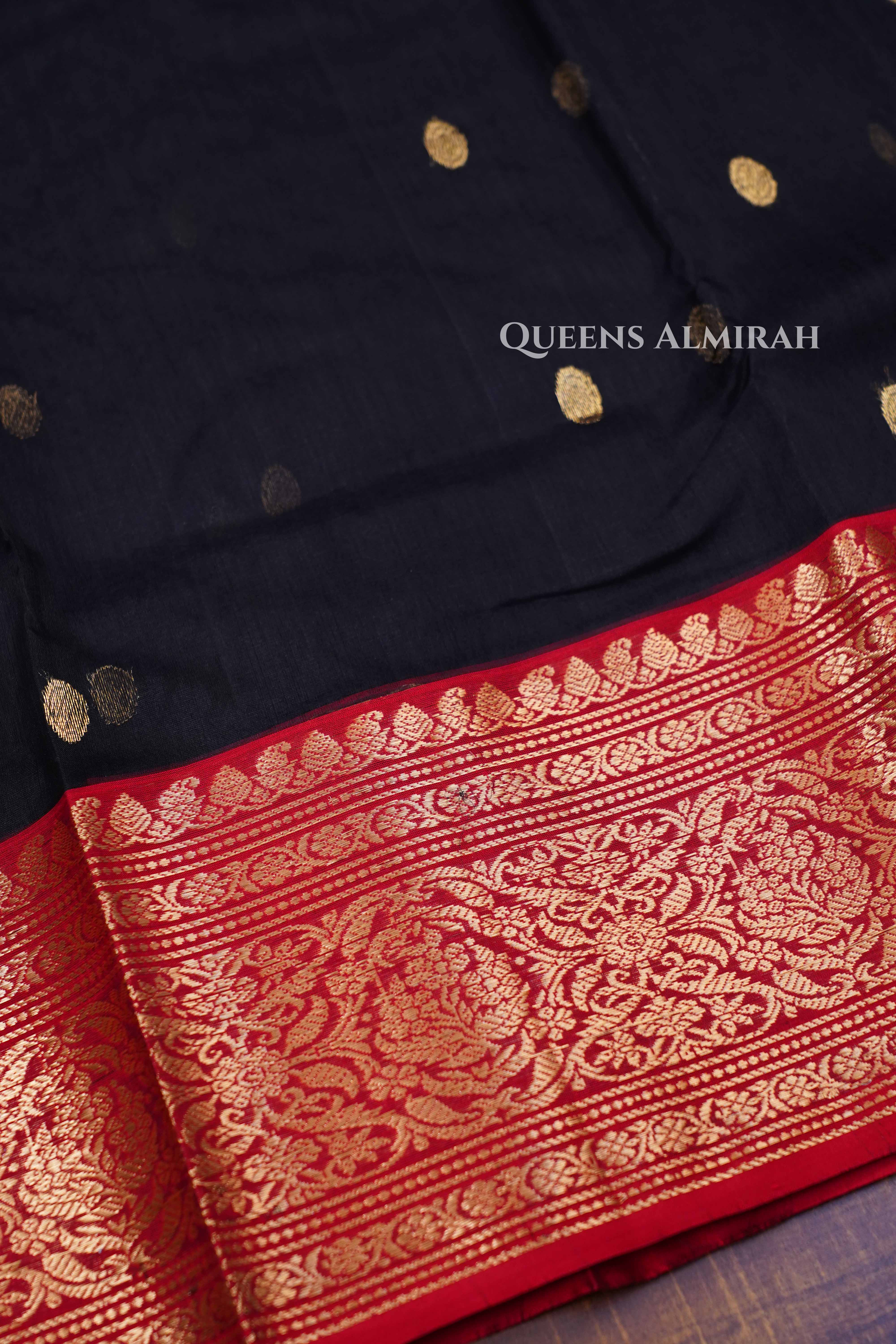 Black With Red Border Chanderi Katan Silk Handloom Saree