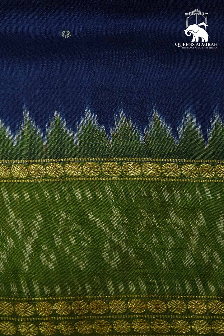 INDIGO BLUE WITH OLIVE GREEN MULBERRY SILK SAREE - Queens Jewel Emporium