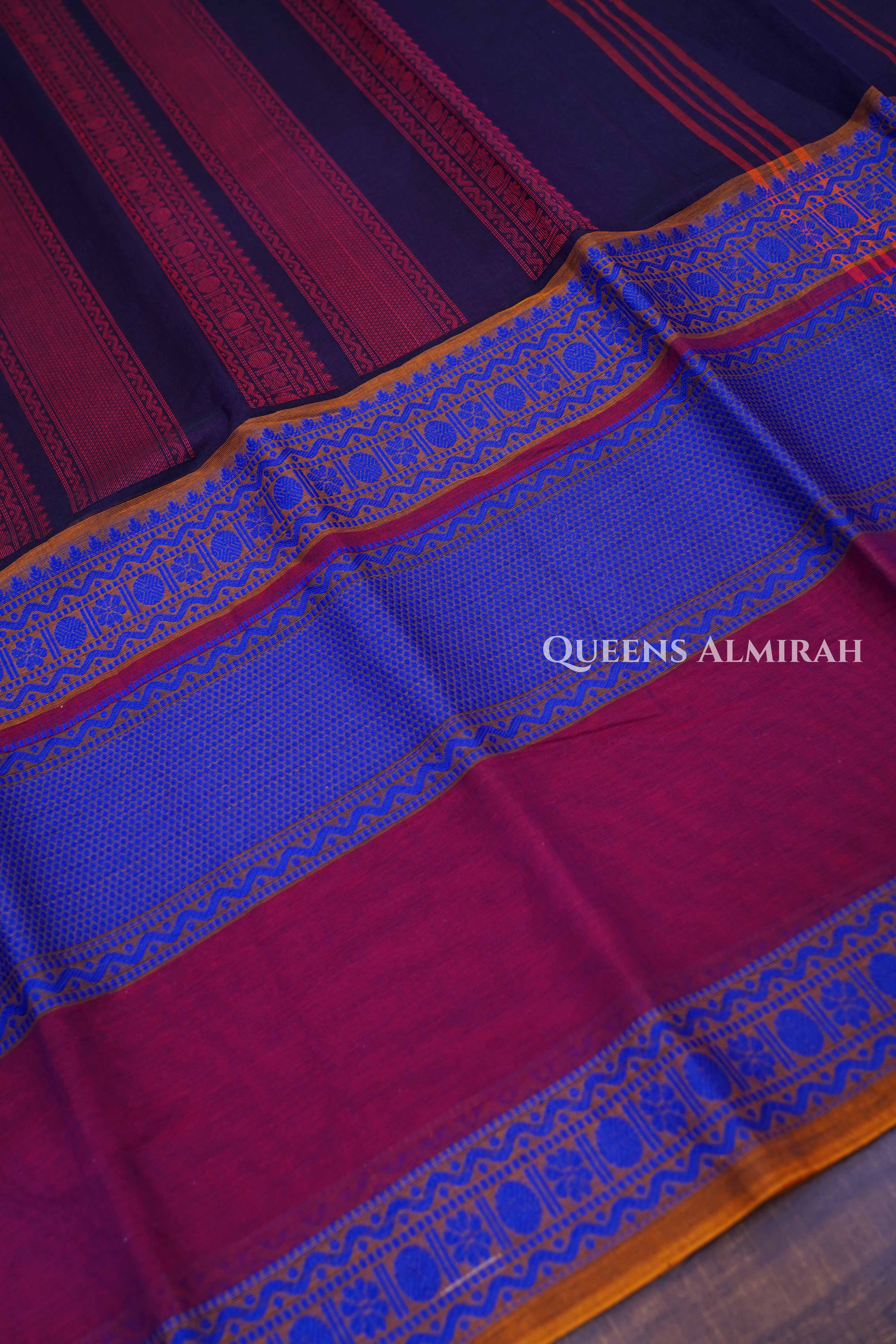 Wine With Ink Blue Chettinad Cotton Saree