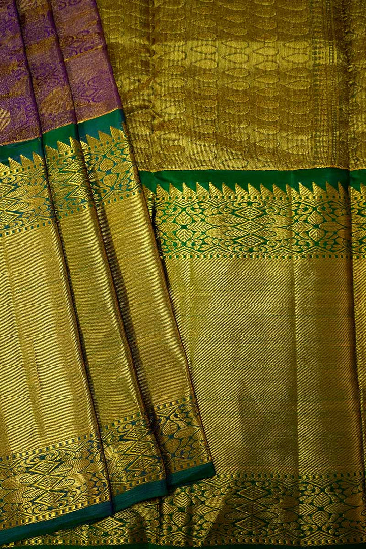 RICH PURPLE WITH RAMAR GREEN TISSUE KANCHI SILK SAREE - Queens Jewel Emporium