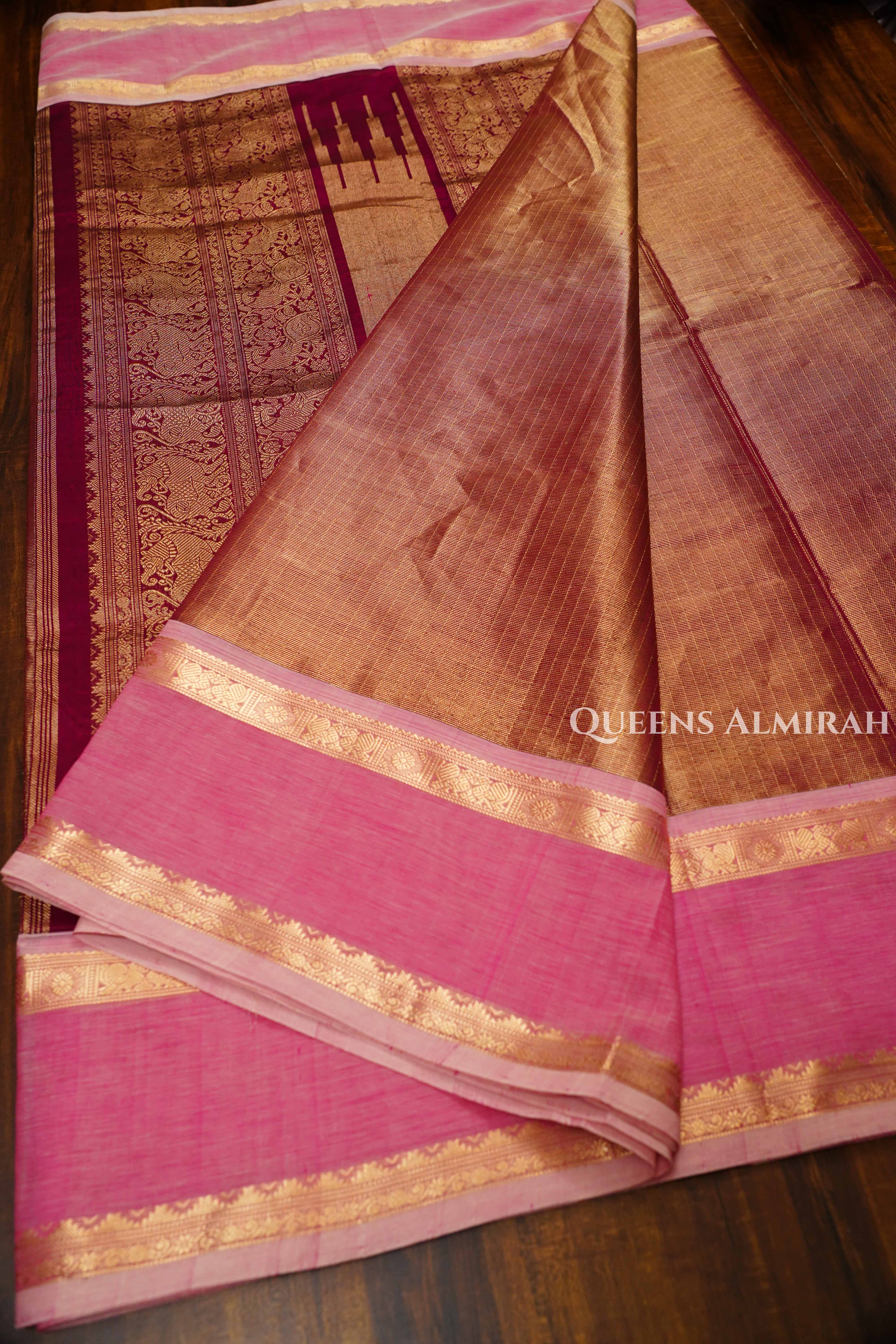 Dual Shade Of Coral Pink-Karaikudi Chettinad Tissue Silk Cotton Saree