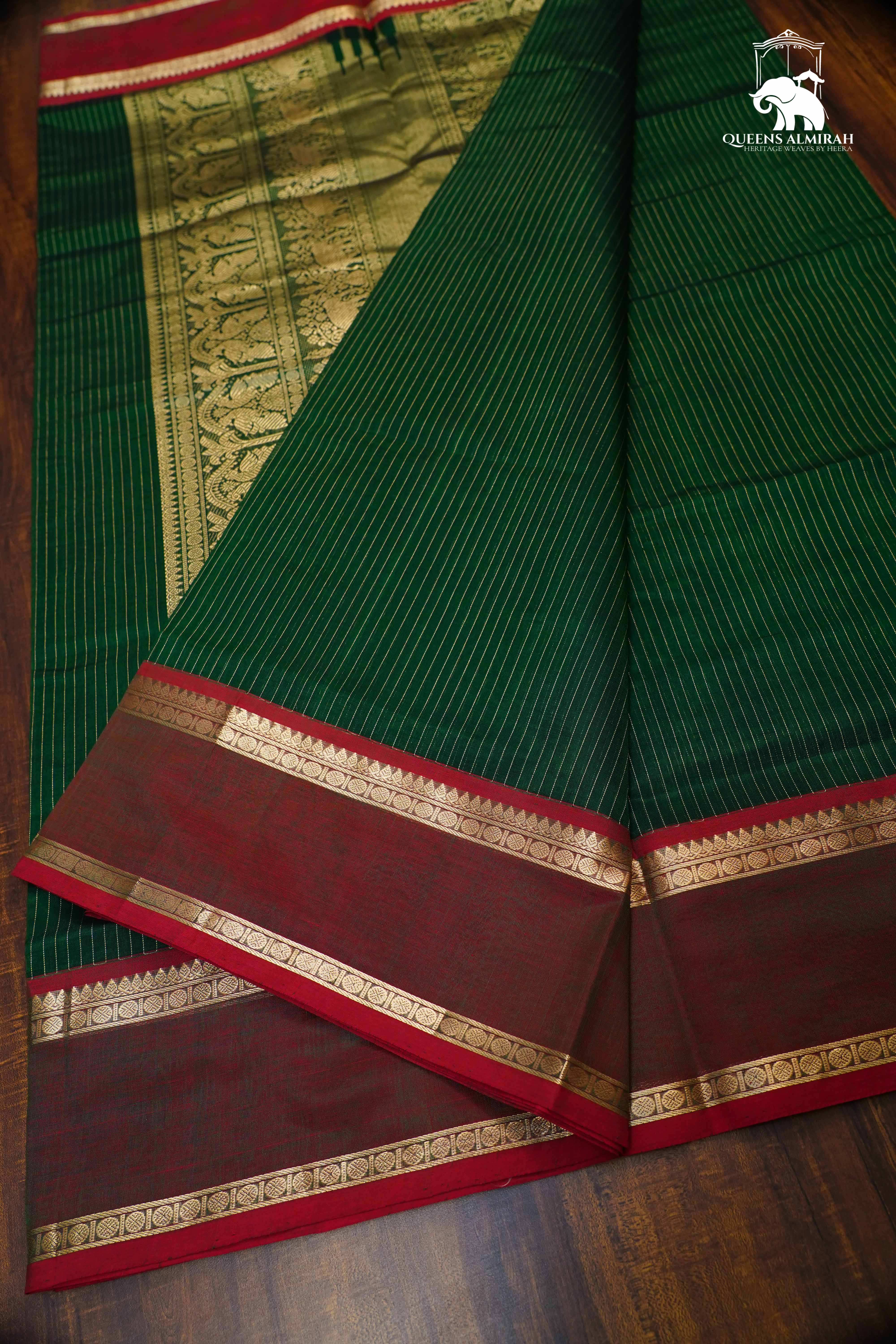 Dark Green With Brown-  Karaikudi Chettinad Silk Cotton Saree