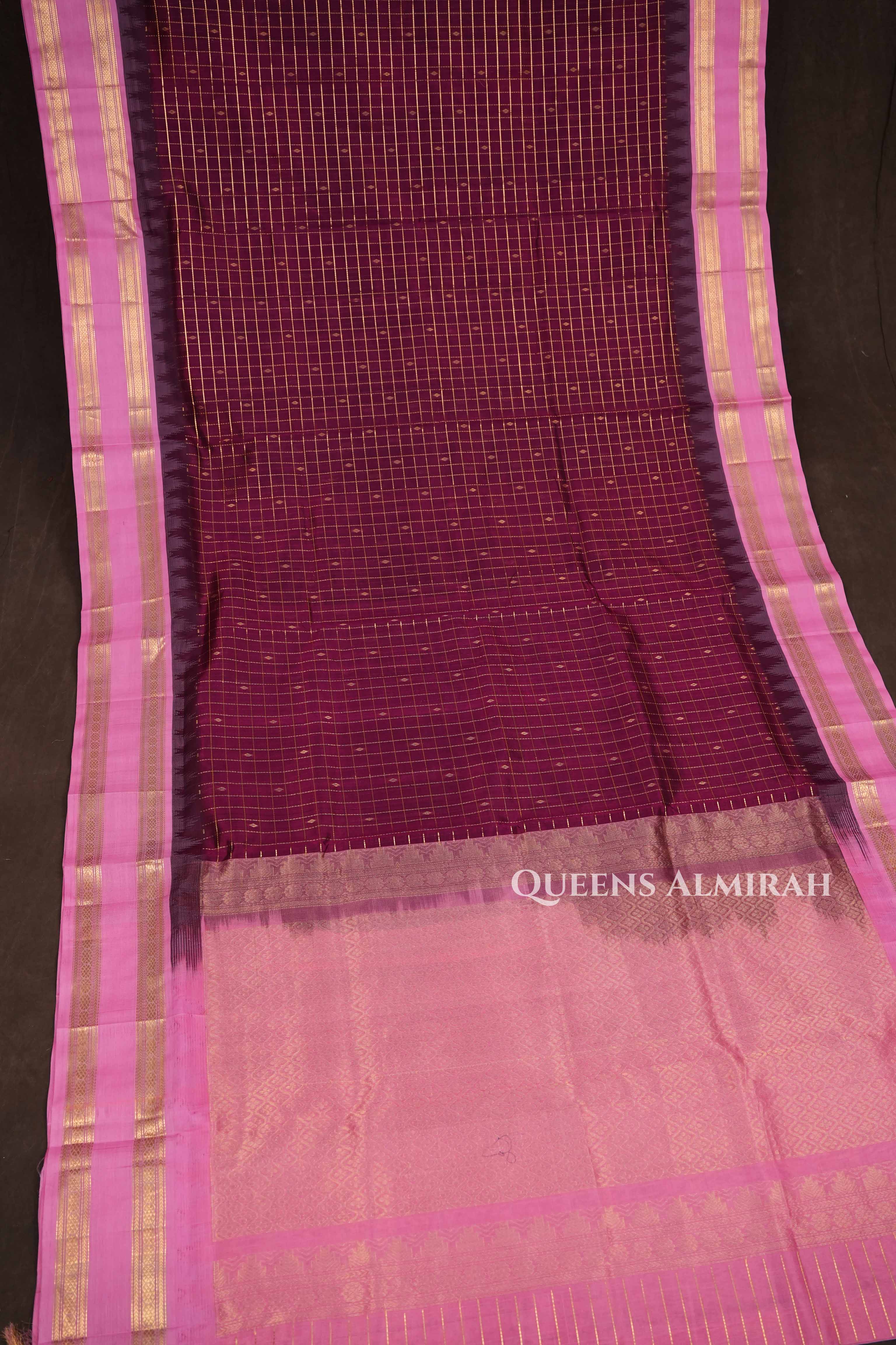 Purple Kattam With Rose Milk Pink Pure Silk Cotton Saree