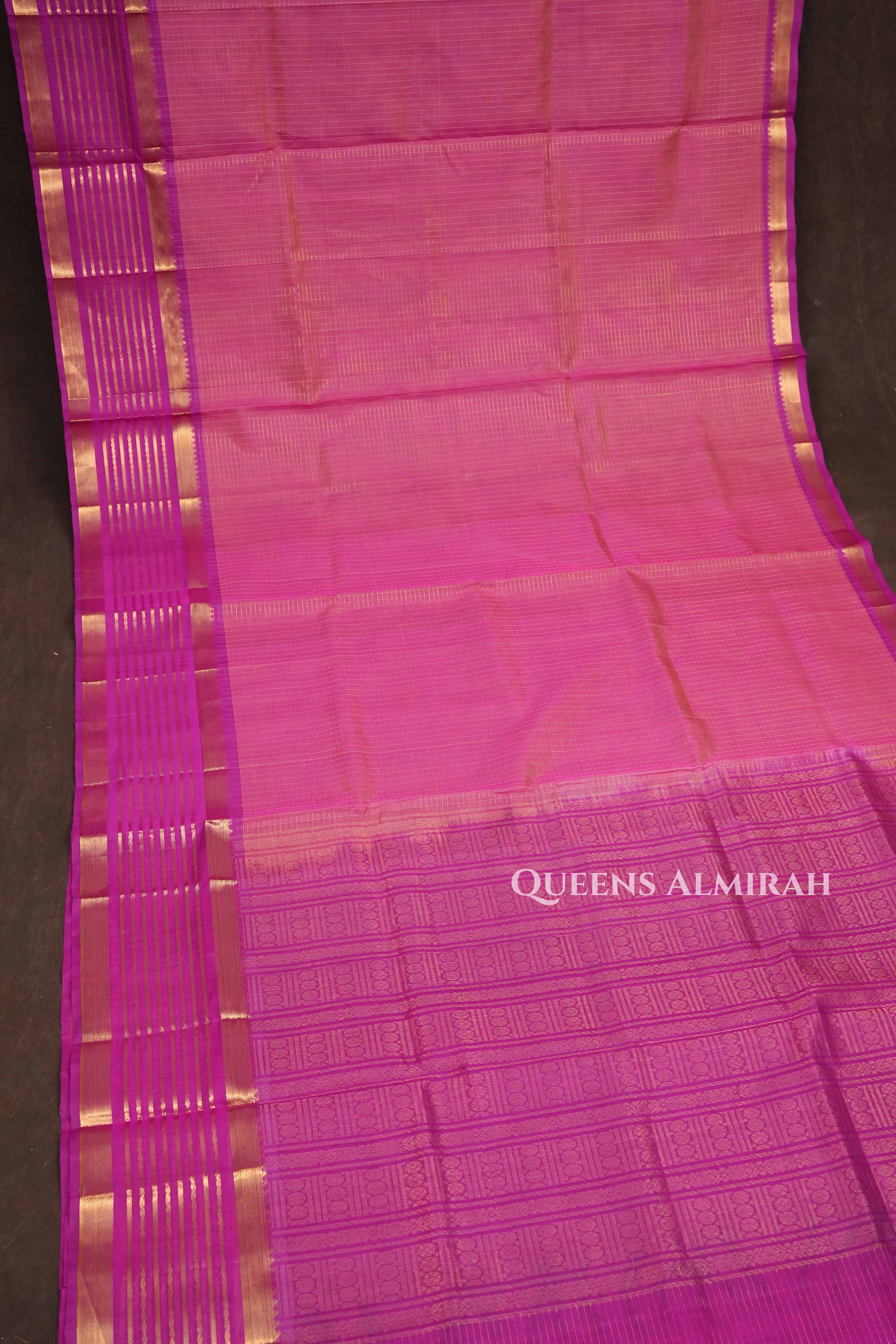 Pinkish Orange Kattam With Rani Pink Varisapet Border Pure Silk Cotton Saree
