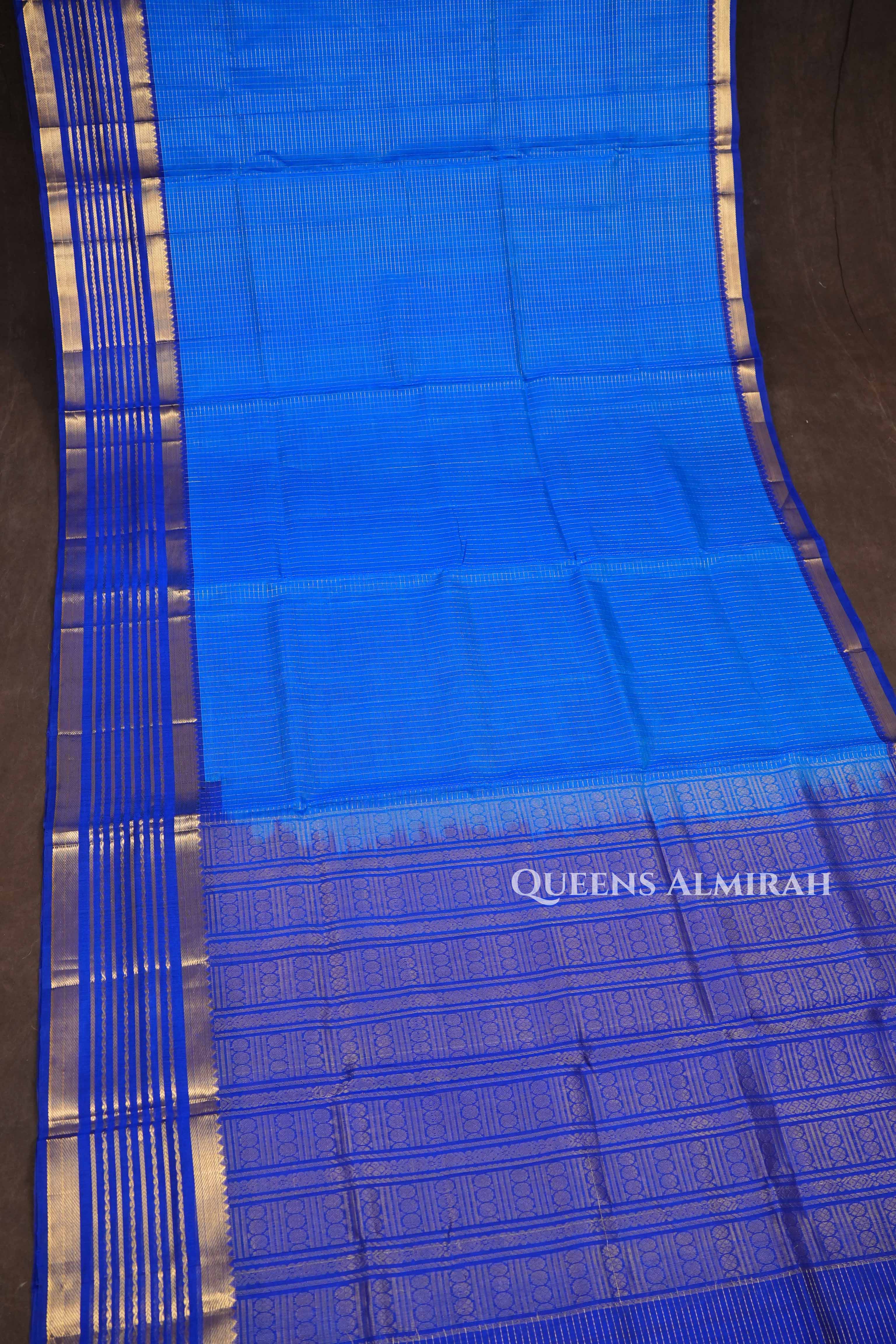 Blue Kattam With Dark Blue Varisapet Border Pure Silk Cotton Saree