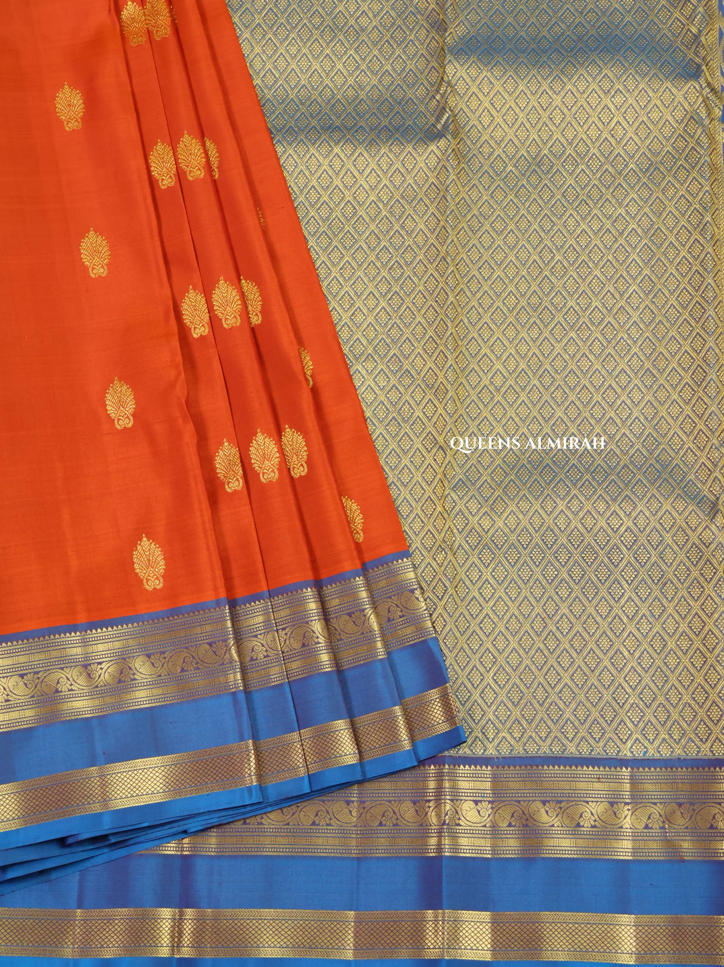 Orange With Blue Pure Kanchivaram Silk Saree