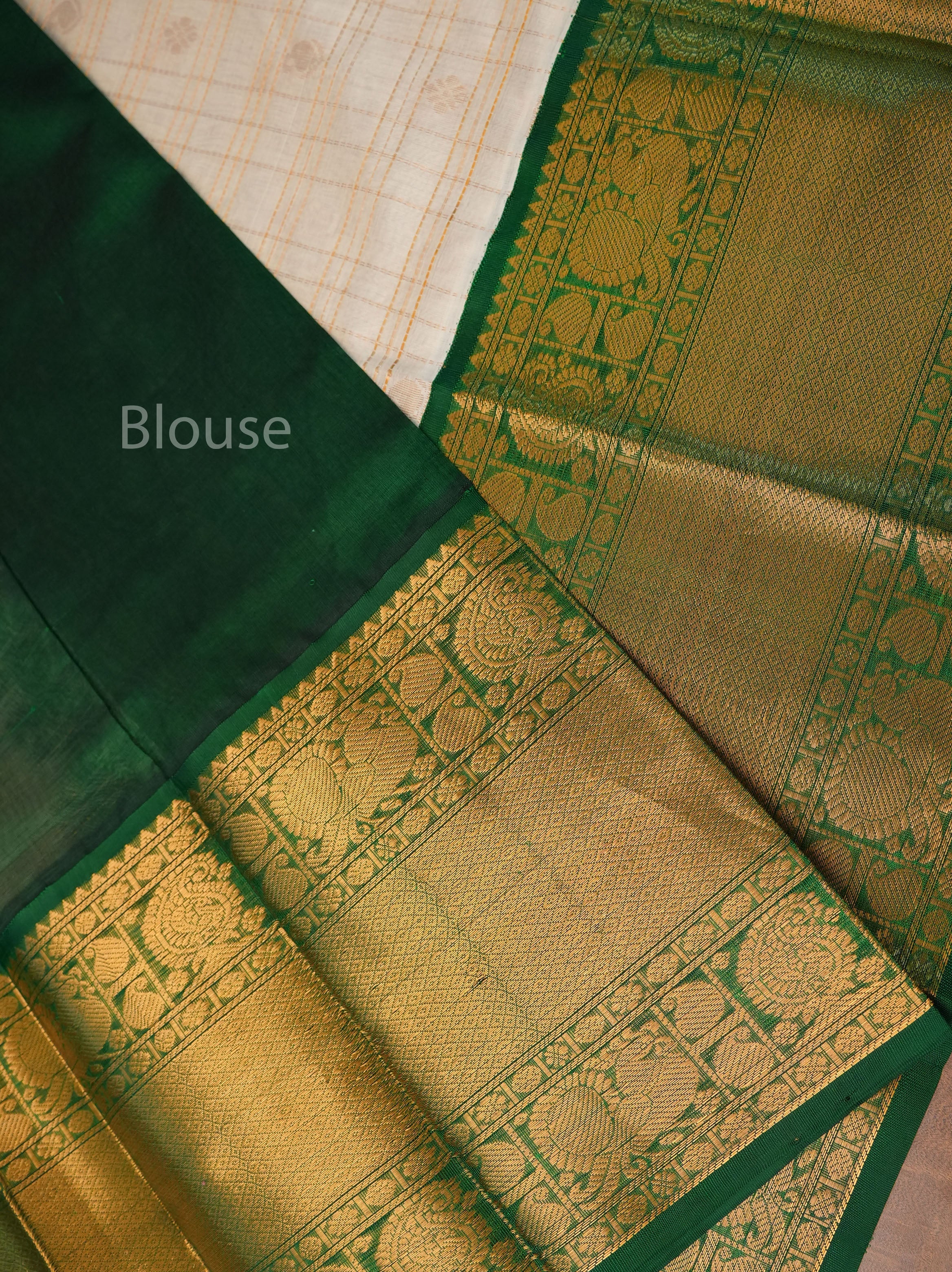 White Kattam Butta With Green Pure Silk Cotton Saree