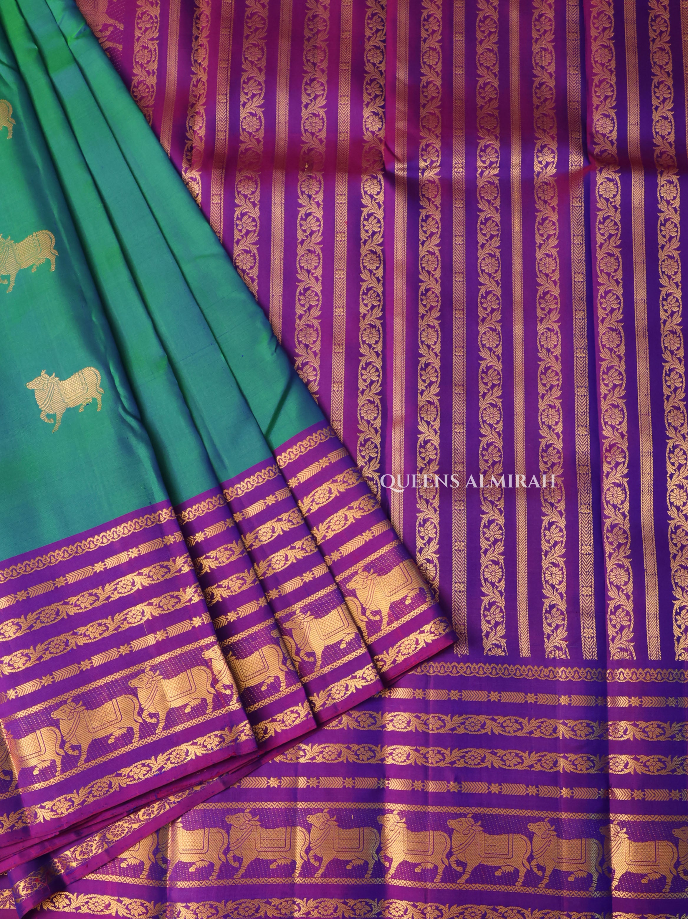 Peacock Green With Purple Pure Kanchivaram Silk Saree