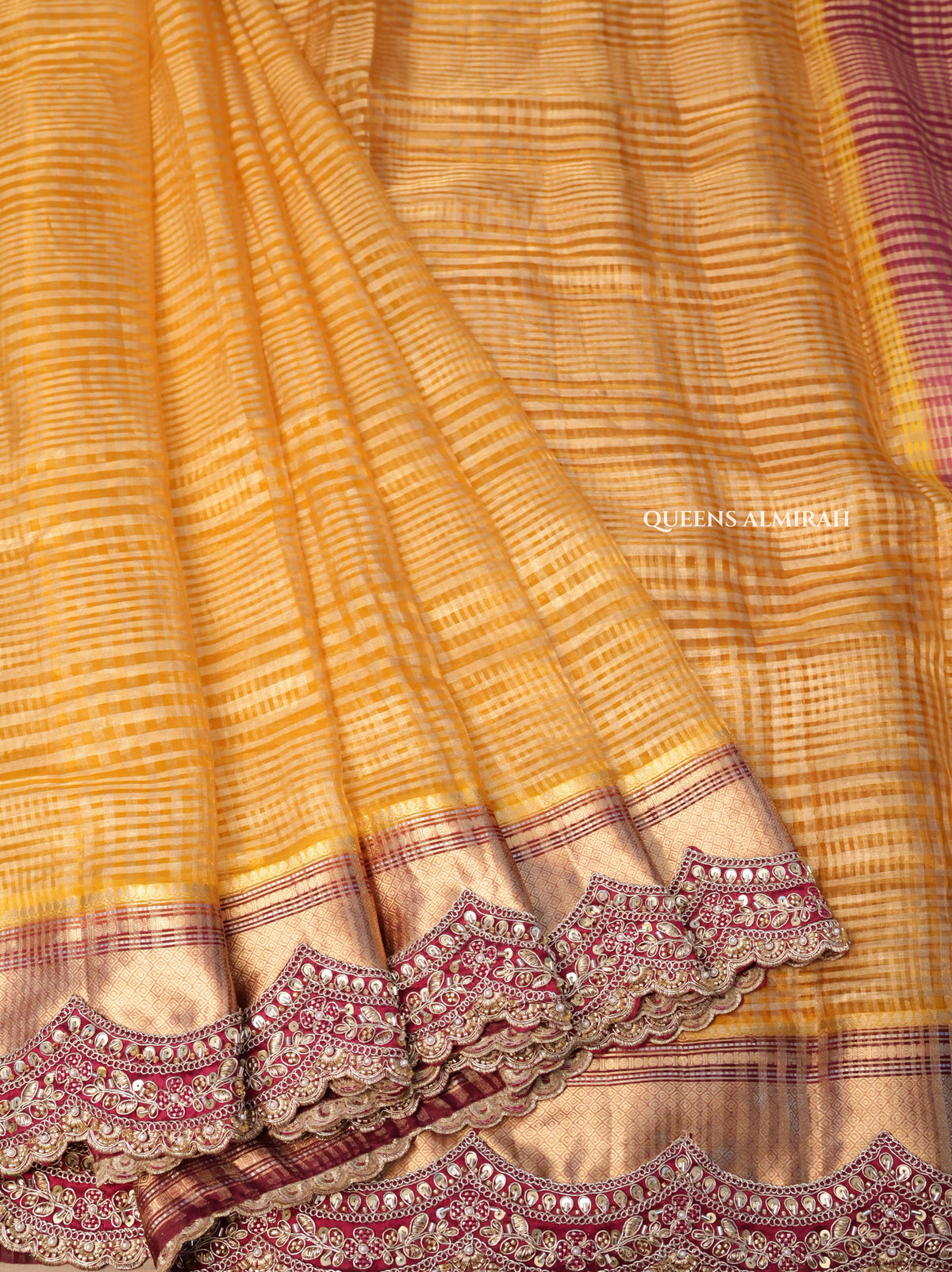 Mustard Yellow with Burgundy Radhe Leela Pure Chanderi Designer Silk Saree