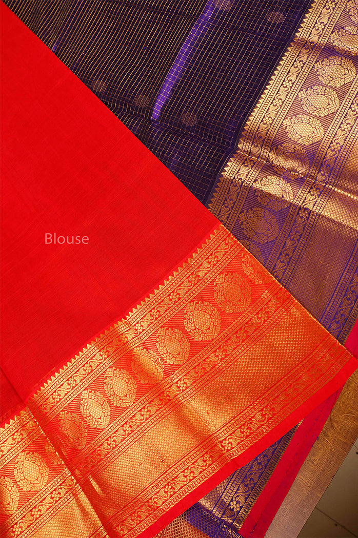 Navy Blue Kattam With Pink Long and Short Border Pure Silk Cotton Saree