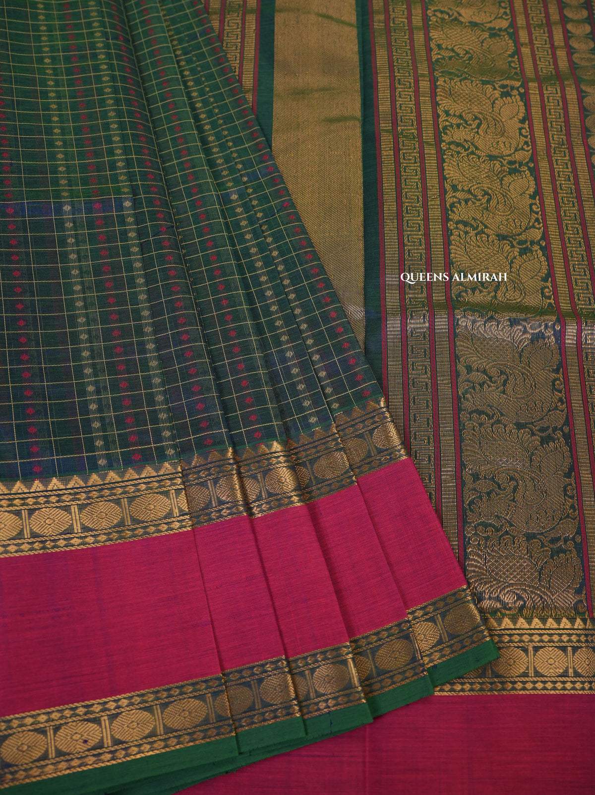 Peacock Blue With Rani Pink Chettinad Silk Cotton Saree
