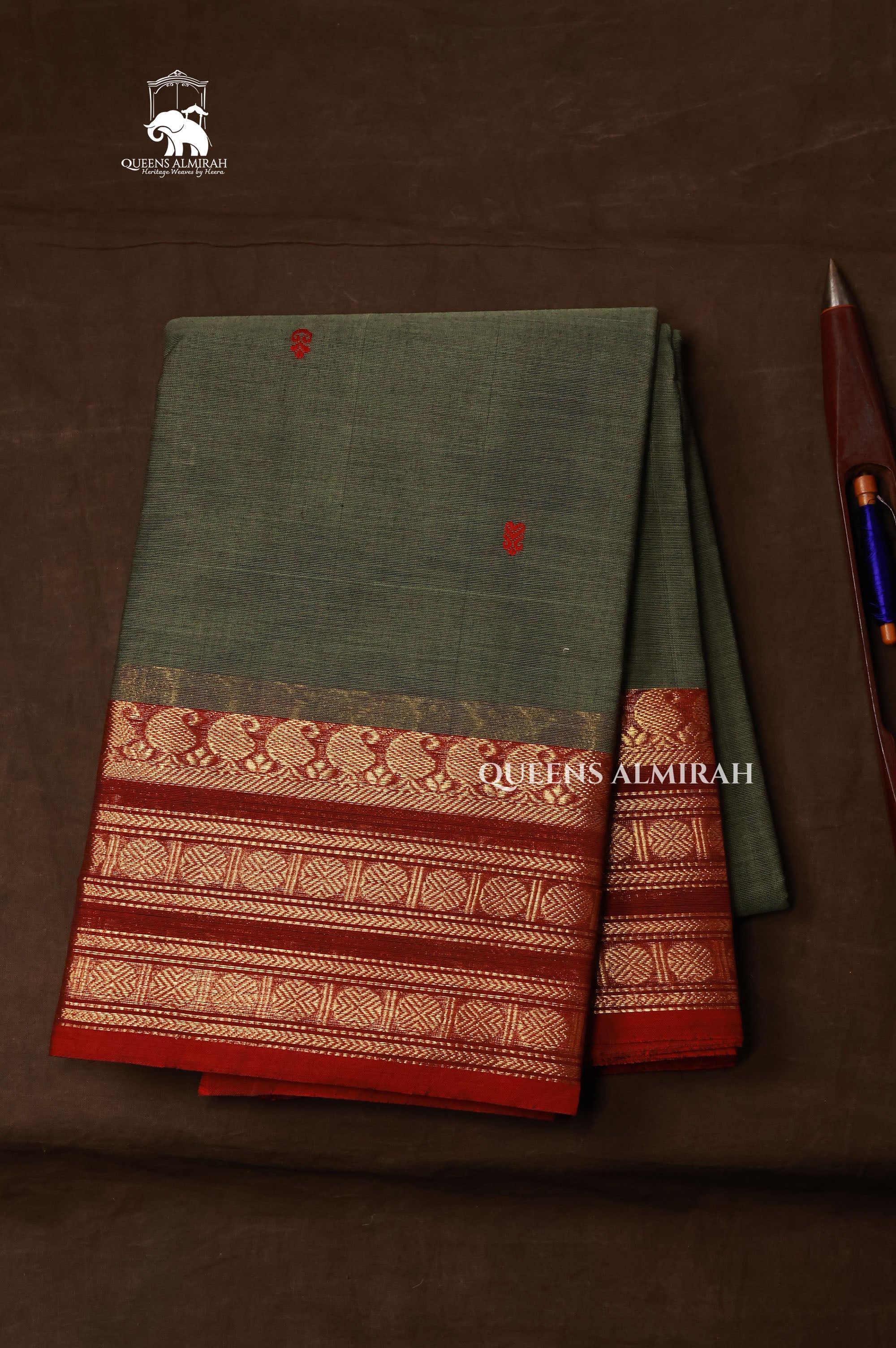 Grey With Red Kanchi Cotton Saree