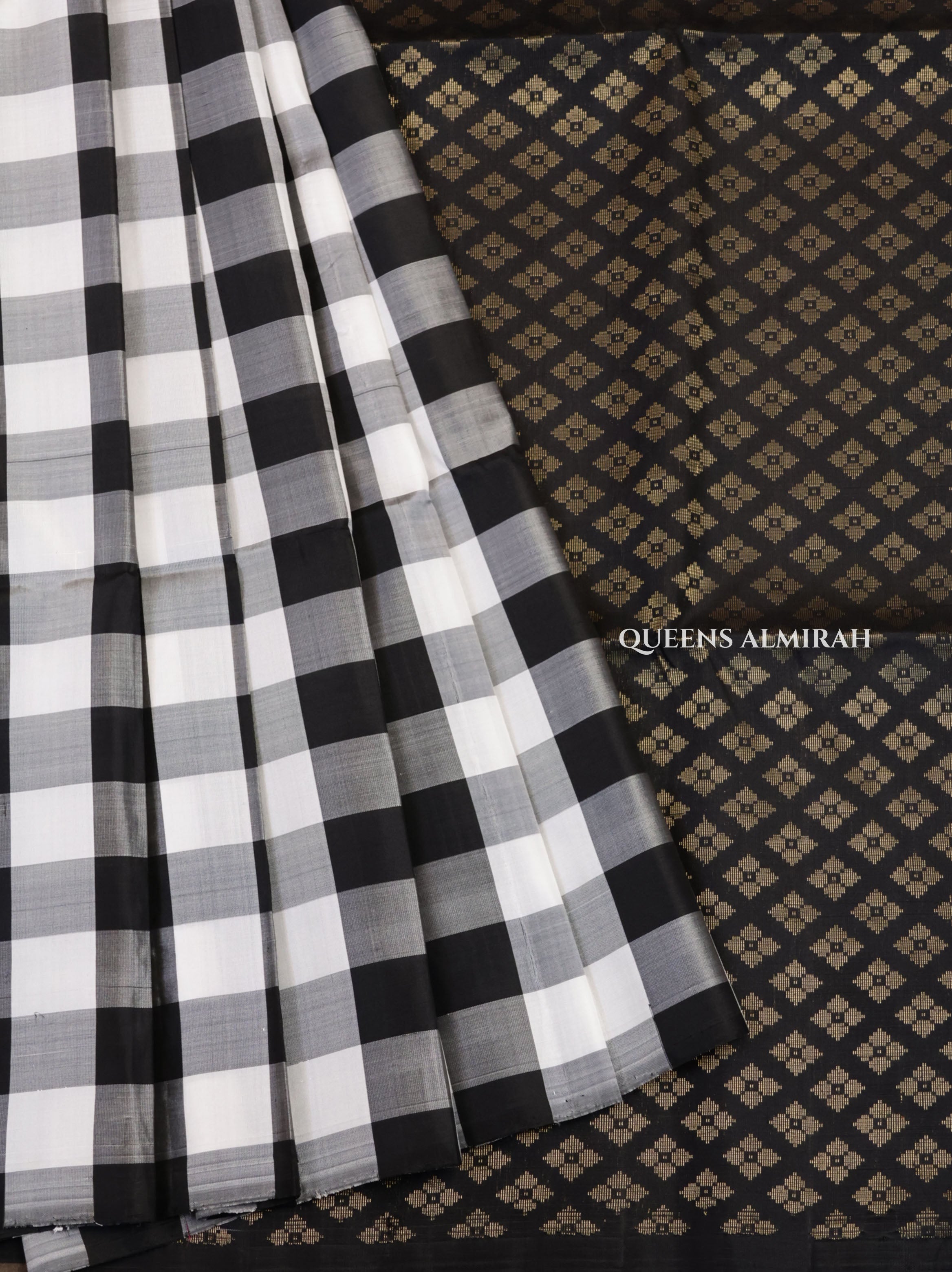 White With Black Checks Pure Soft Silk Saree