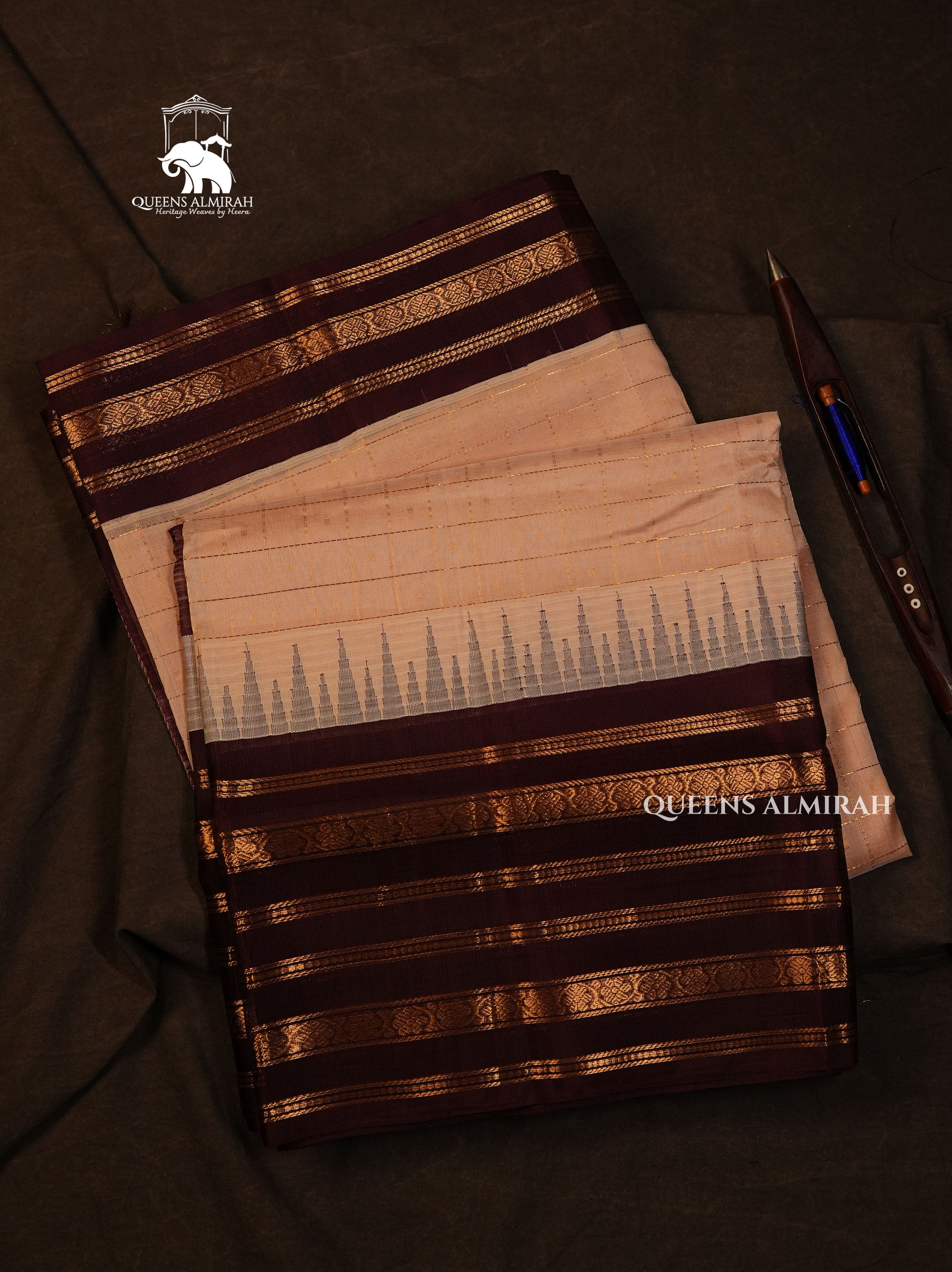Biscuit With Coffee Brown Varisapet Pure Silk Cotton Saree
