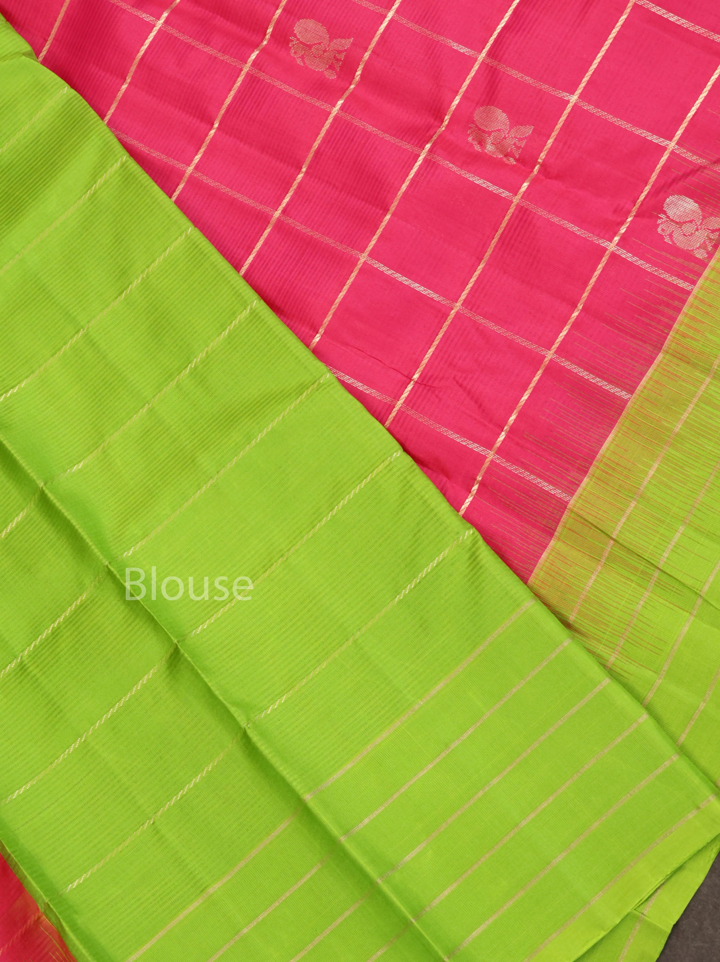 Pink With Parrot Green Pure Kanchivaram Silk Saree