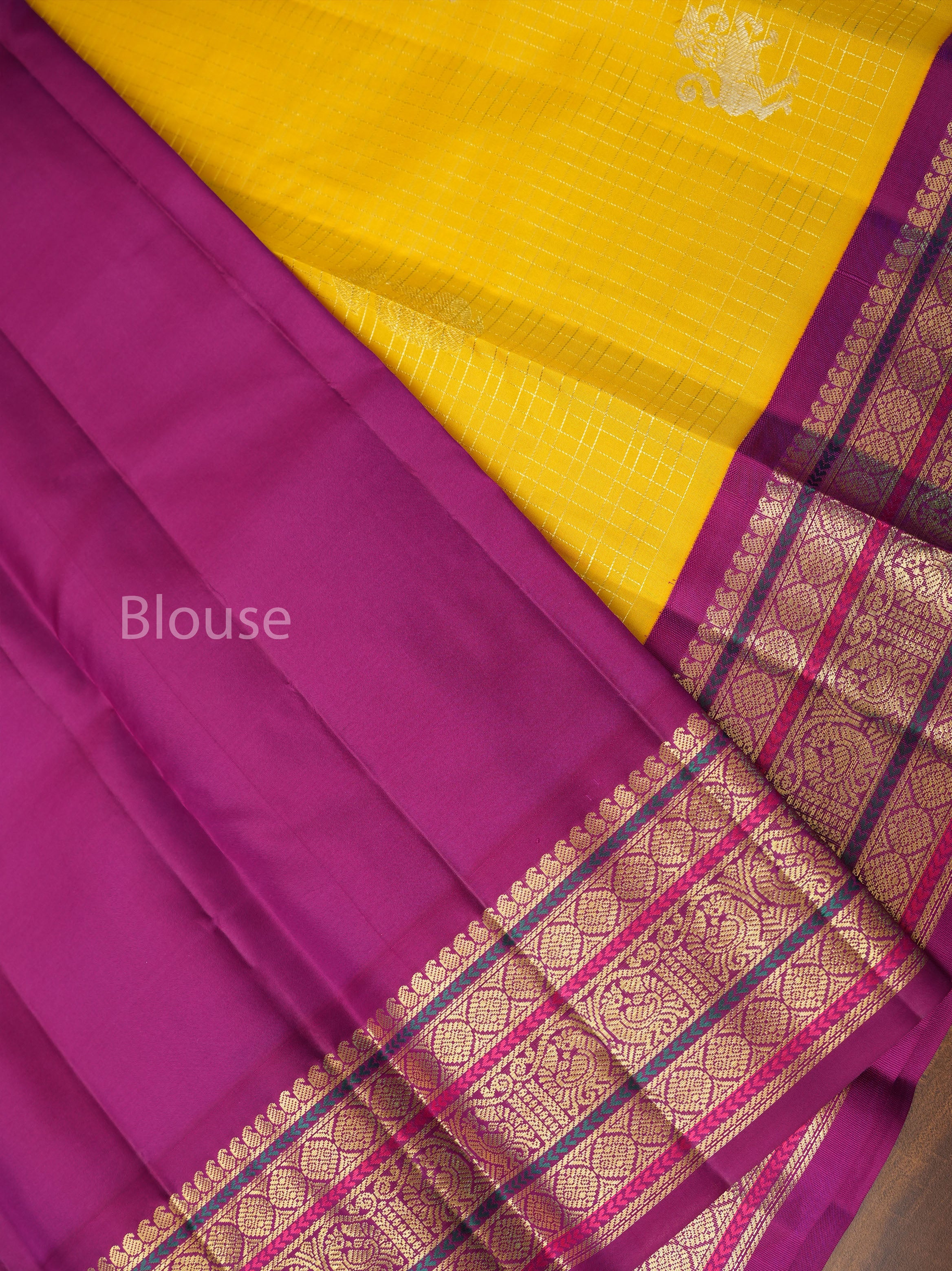 Yellow With Purple Pure Kanchivaram Silk Saree