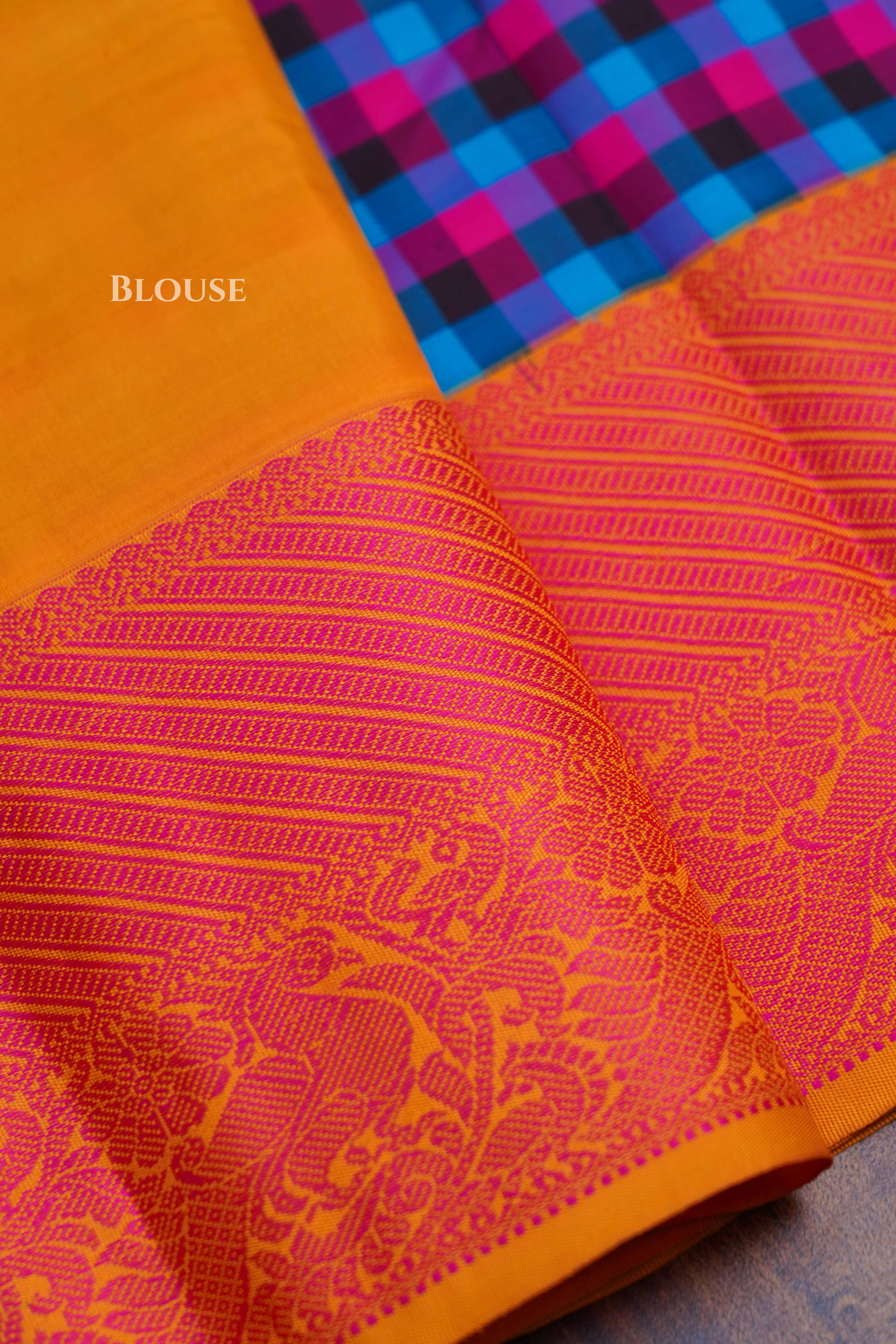 Blue With Pink Checks Kuravanji Silk Saree