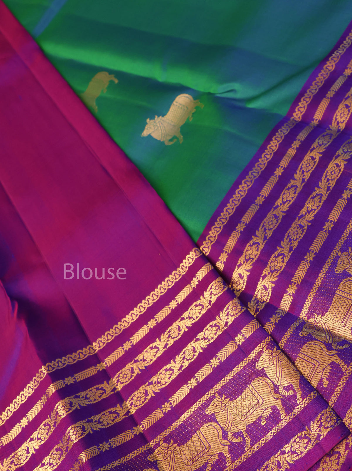 Peacock Green With Purple Pure Kanchivaram Silk Saree