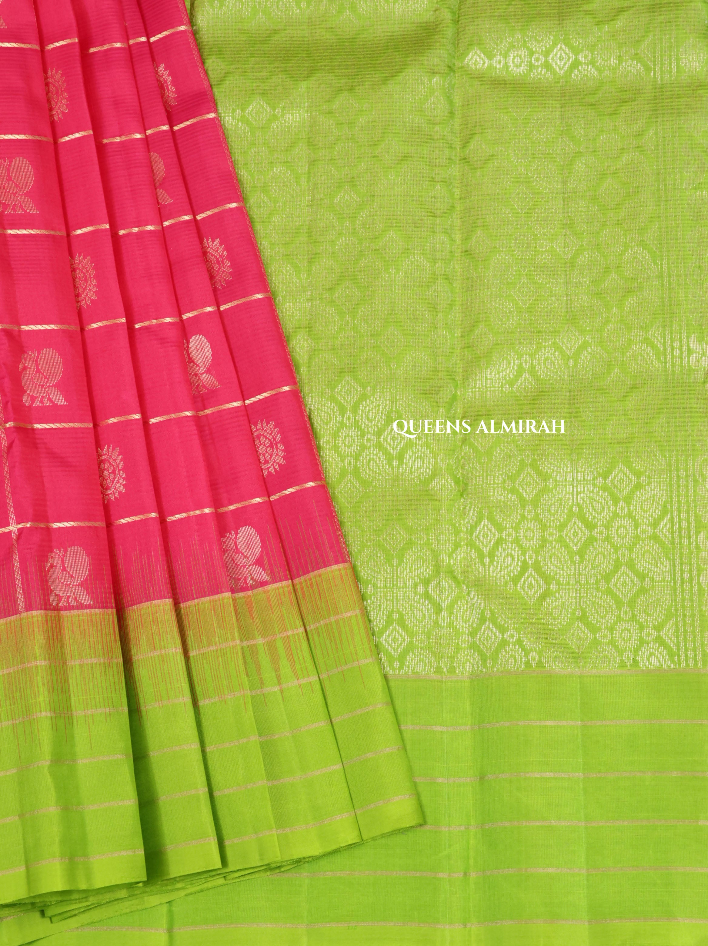 Pink With Parrot Green Pure Kanchivaram Silk Saree