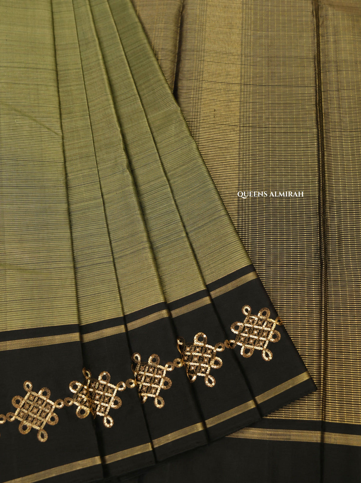 Pastel Green With Black Kolam Pure Kanchivaram Designer Silk Saree