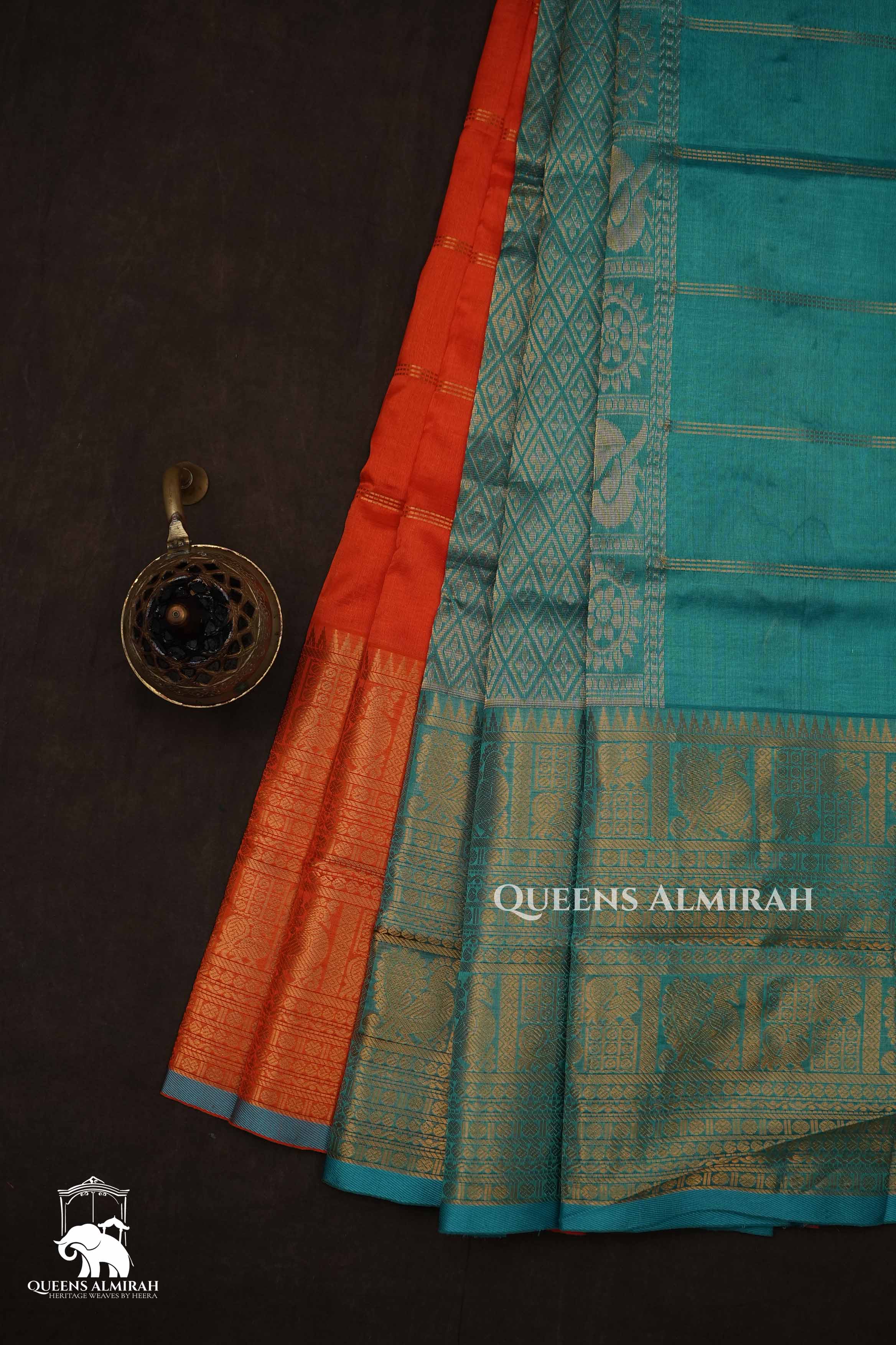 Fanta Orange With Blue Pure Silk Cotton Saree