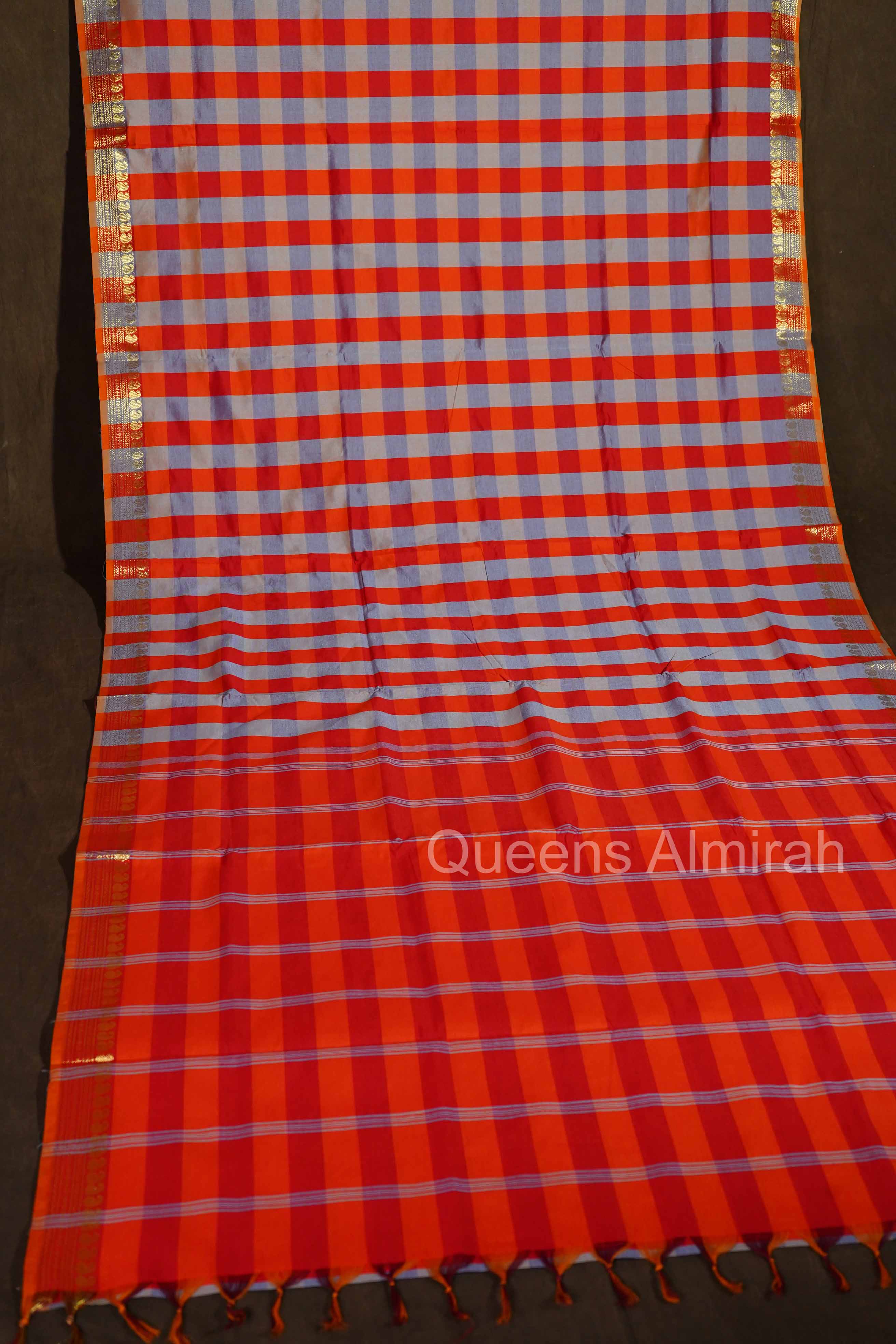 Grey With Orange Checks Semi Silk Cotton Saree