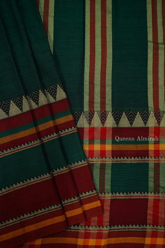 PALM GREEN WITH MULTI COLOUR LONG BRODER  NARAYANPET COTTON SAREE - Queens Jewel Emporium