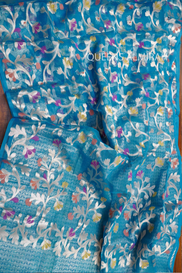 DEEP AQUA BLUE MUSLIN JAMDANI SAREE - Queens Jewel Emporium