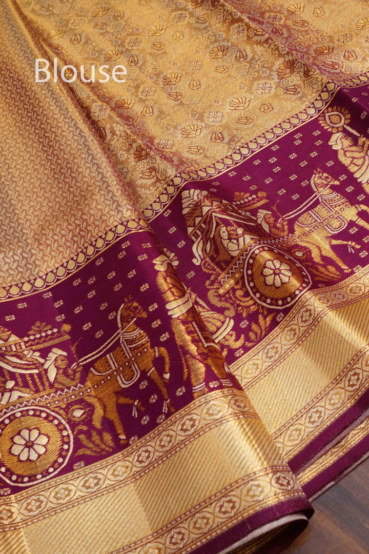 GOLD WITH WINE BERRY PURE KANCHIVARAM SILK SAREE - Queens Jewel Emporium