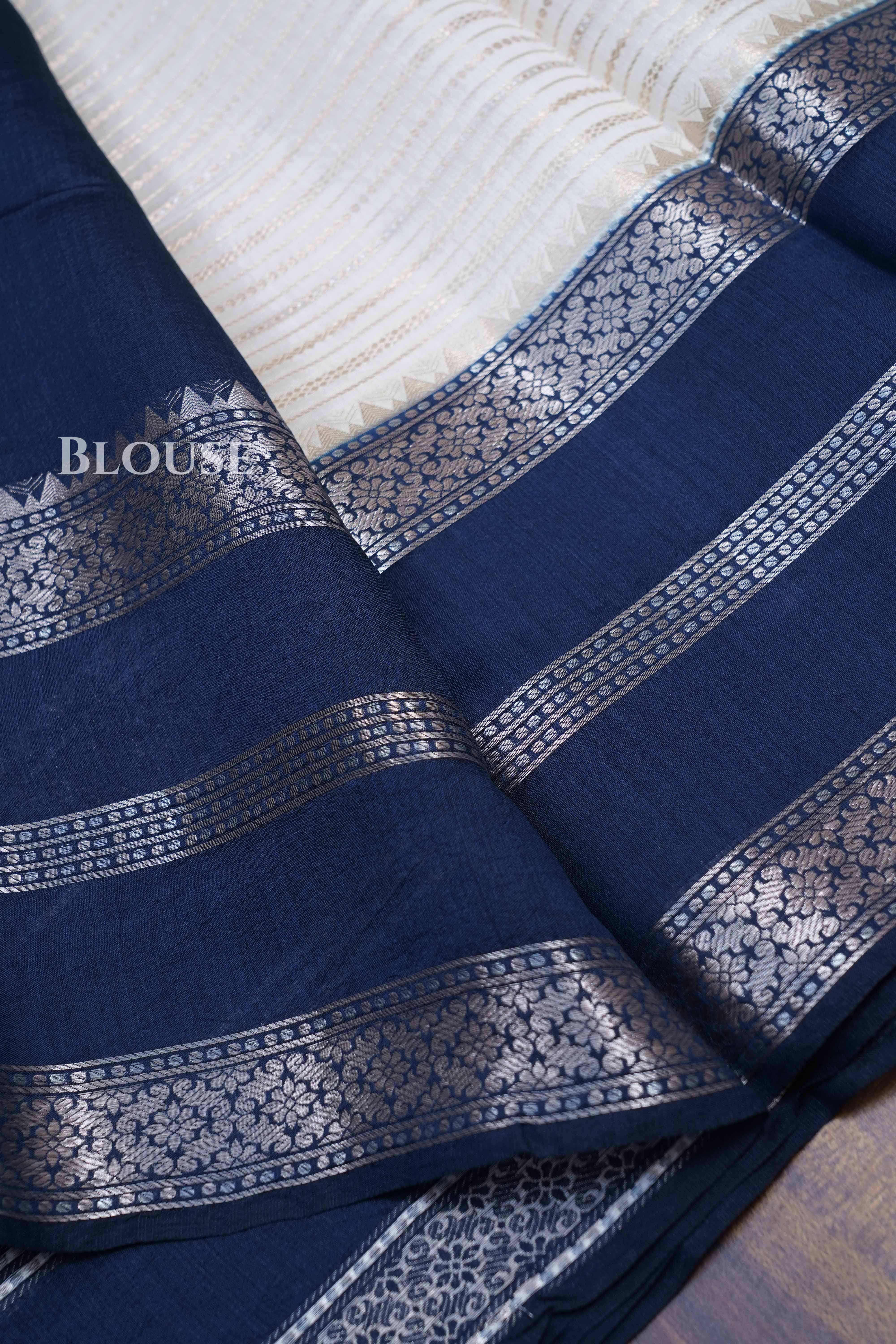 White With Dark Navy Chiniya Silk Saree