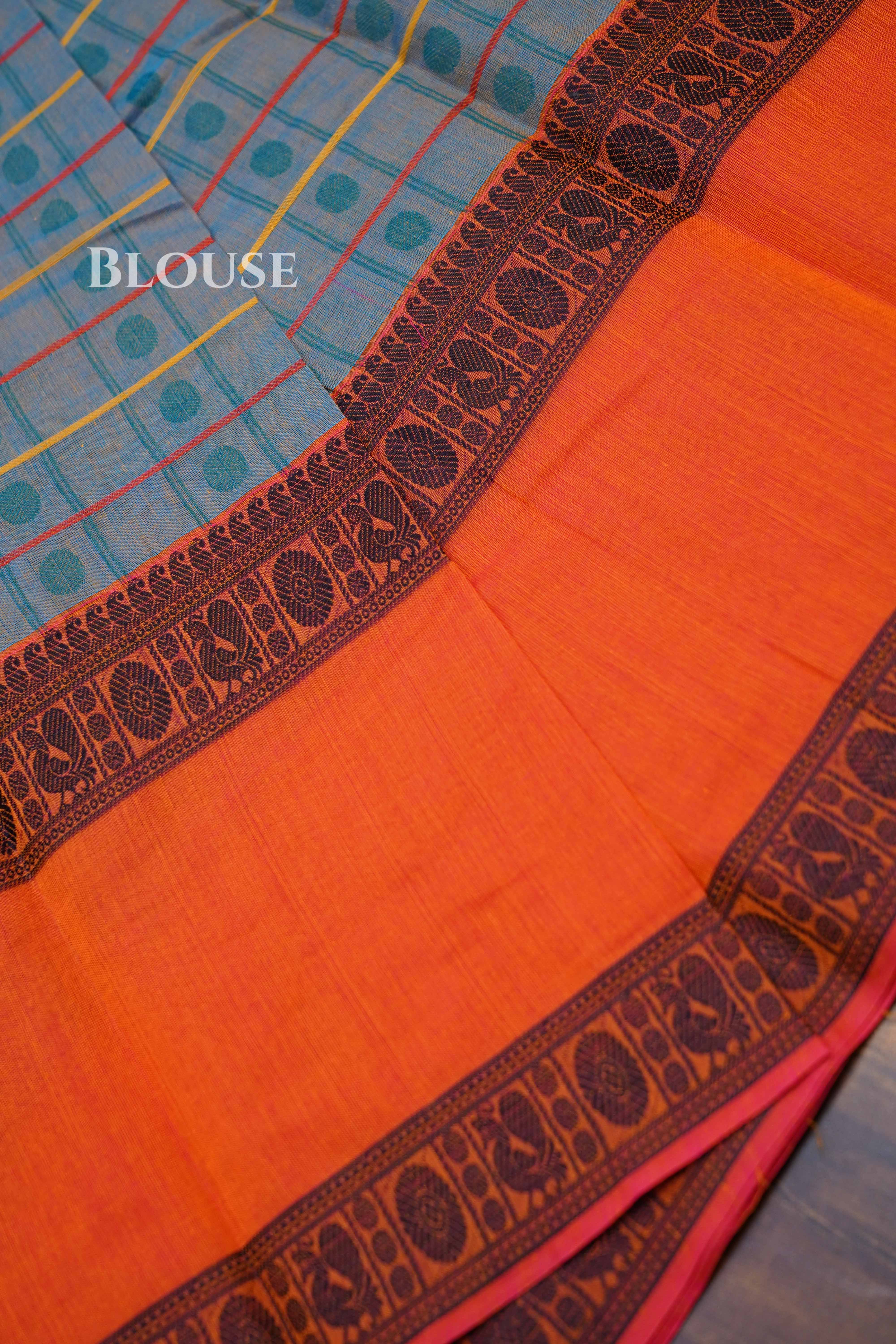 Grey With Orange Chettinad Cotton Saree