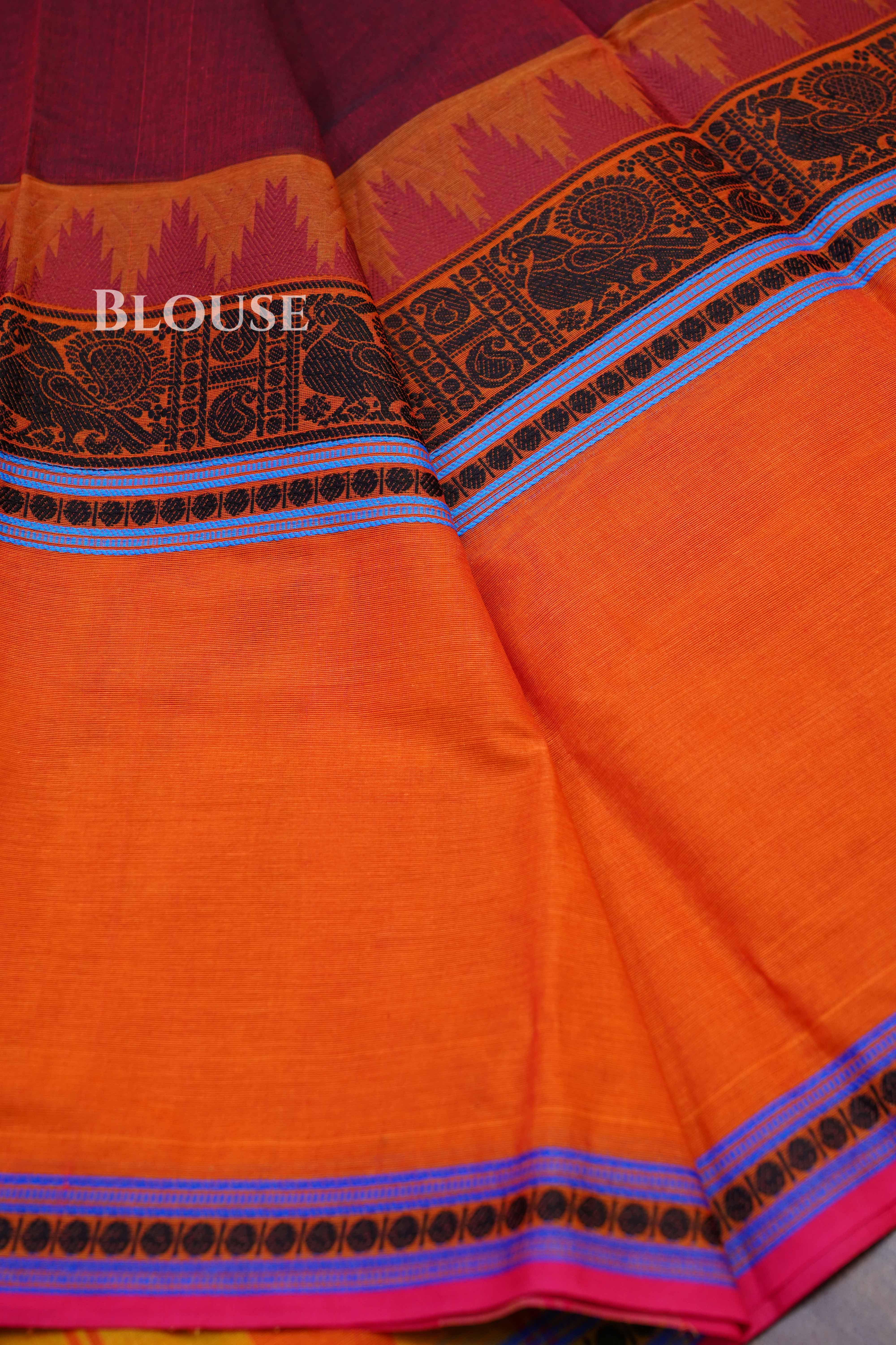 Maroonish Brown With Orange Chettinad Cotton Saree