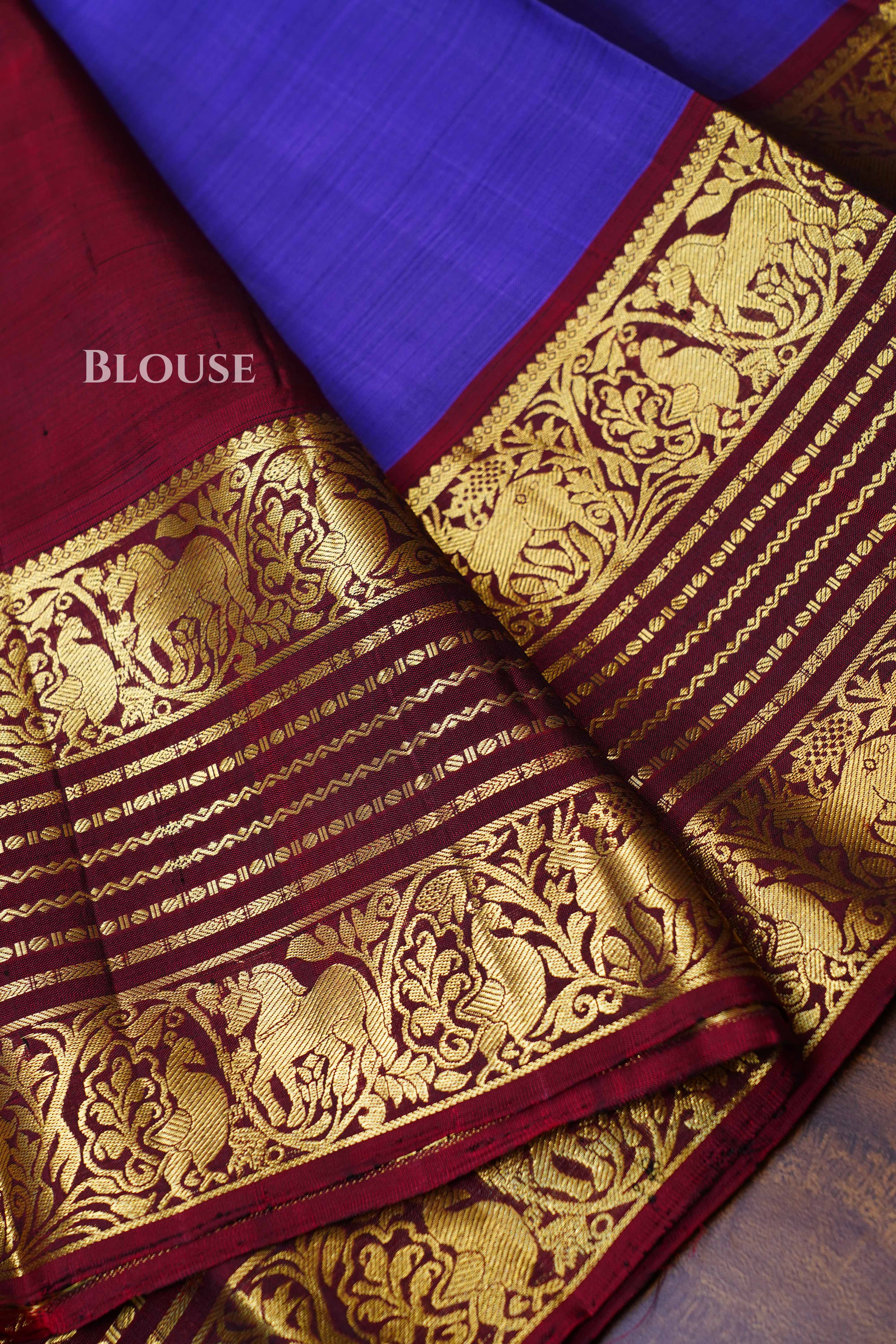 Light Indigo With Maroon Pure Kanchivaram Silk Saree